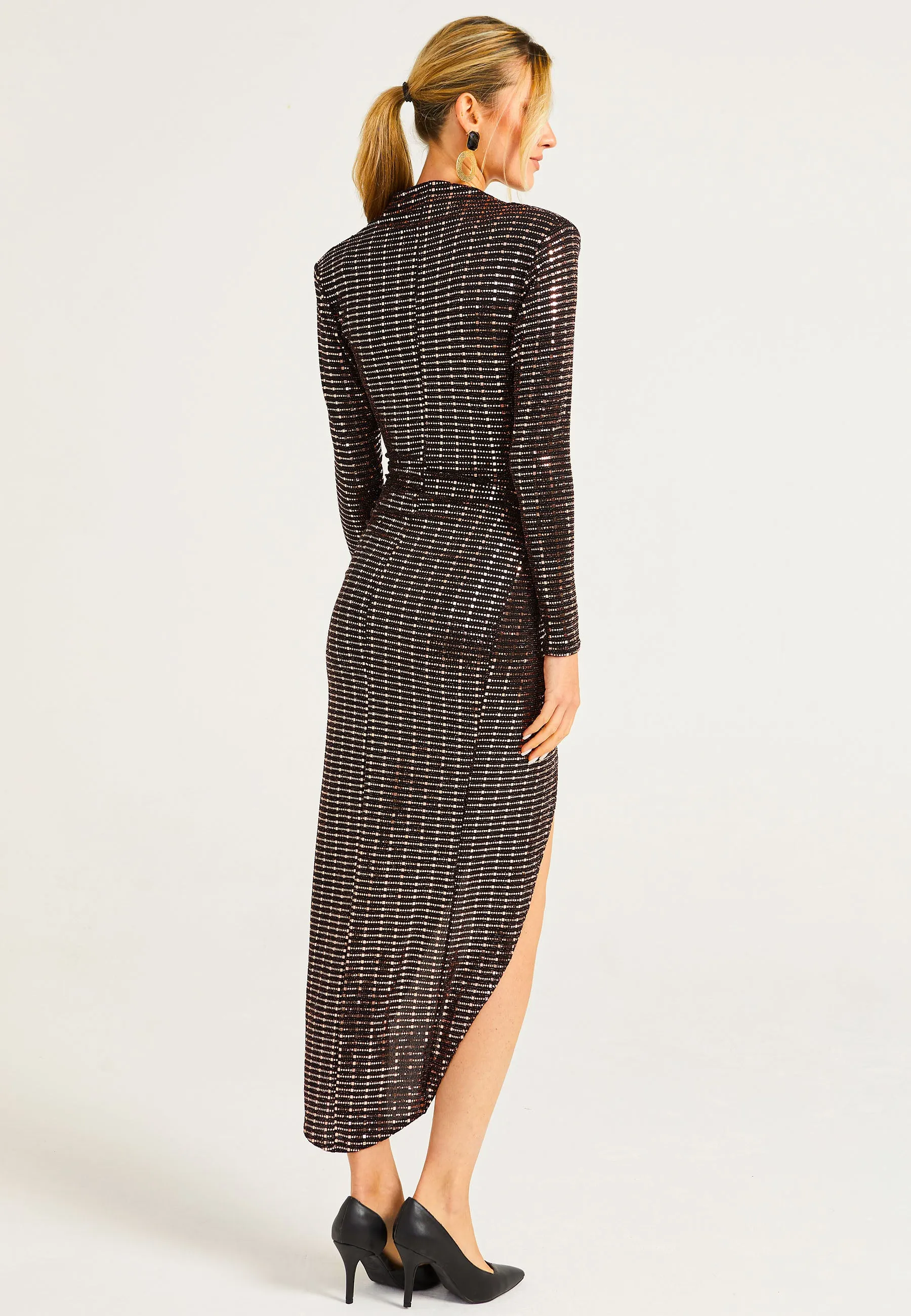 Square Sequin Plunge Neck Faux Wrap Midi Dress in Gold