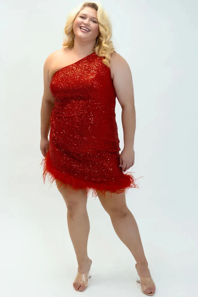 Sydneys Closest JK2401 Short Sequin Feather One Shoulder Plus size Cocktail Dress