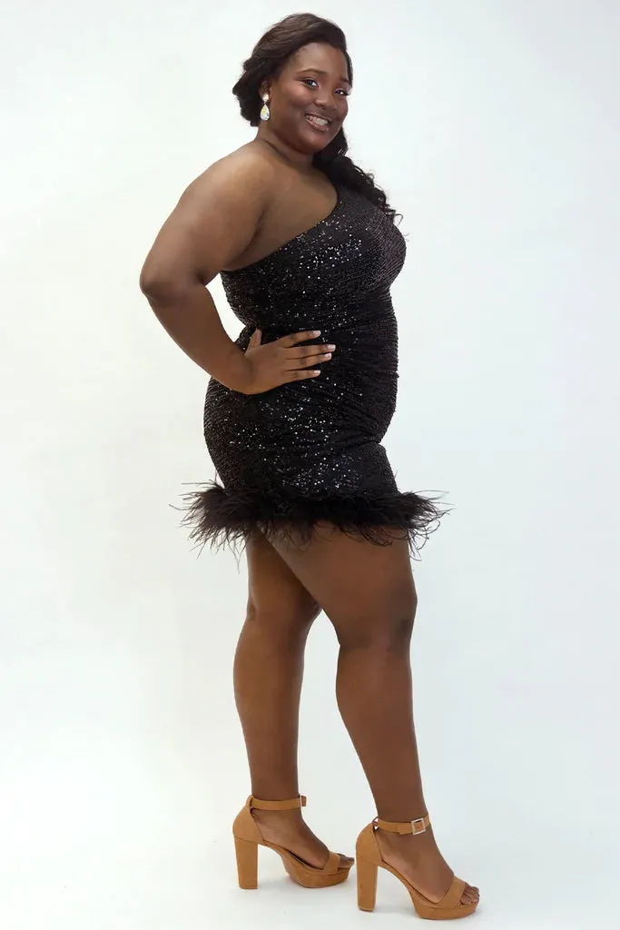 Sydneys Closest JK2401 Short Sequin Feather One Shoulder Plus size Cocktail Dress
