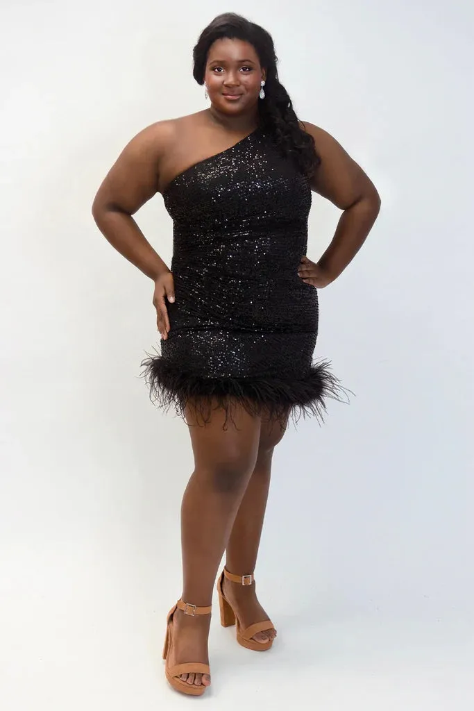Sydneys Closest JK2401 Short Sequin Feather One Shoulder Plus size Cocktail Dress