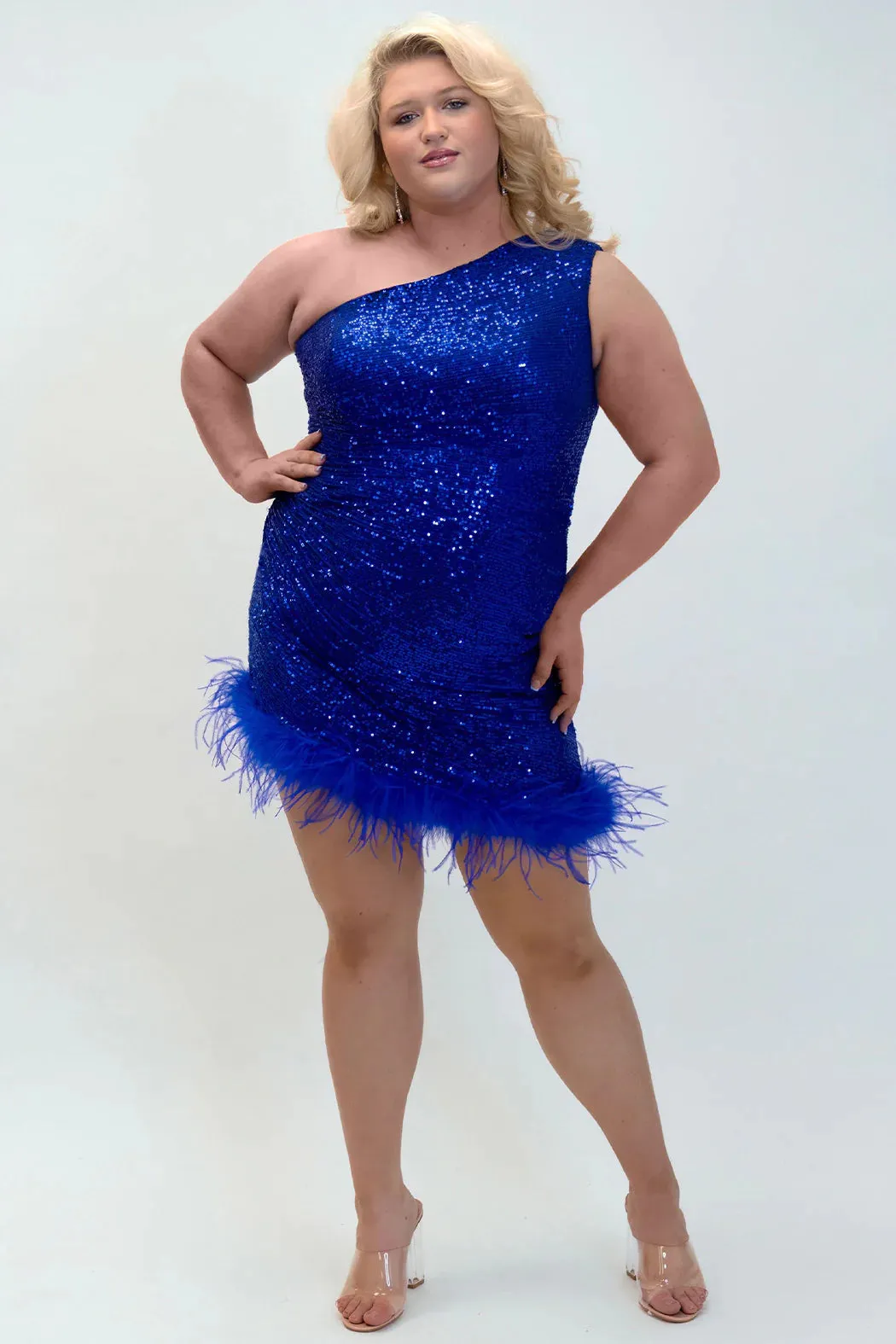 Sydneys Closest JK2401 Short Sequin Feather One Shoulder Plus size Cocktail Dress