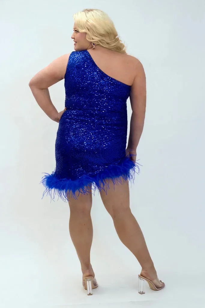 Sydneys Closest JK2401 Short Sequin Feather One Shoulder Plus size Cocktail Dress