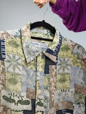 The Silk Beige Yellow Patch Pattern Shirt | Vintage 90s Angelo Litrico 100% silk short sleeve crazy print unisex men 41/42 L