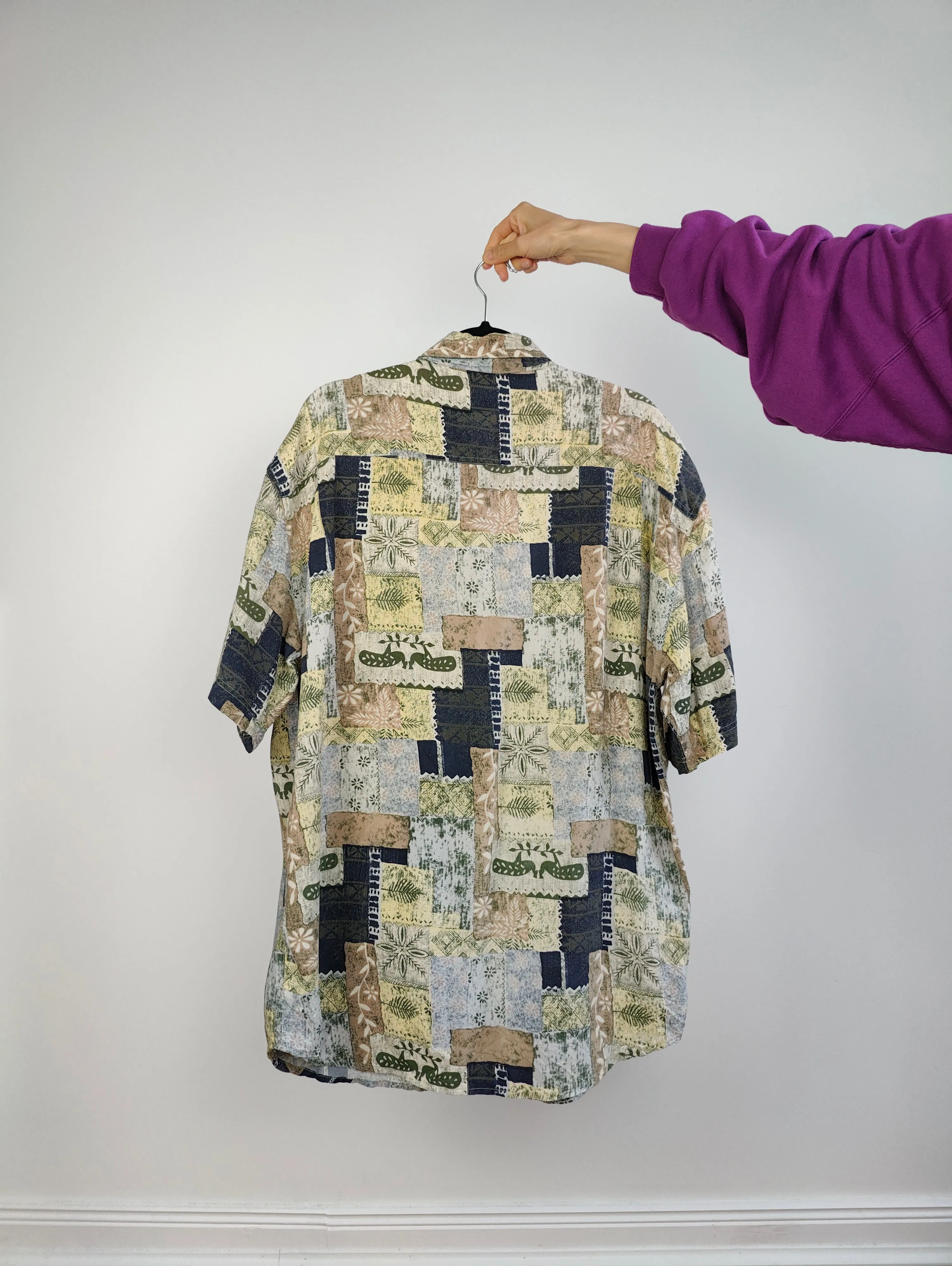 The Silk Beige Yellow Patch Pattern Shirt | Vintage 90s Angelo Litrico 100% silk short sleeve crazy print unisex men 41/42 L