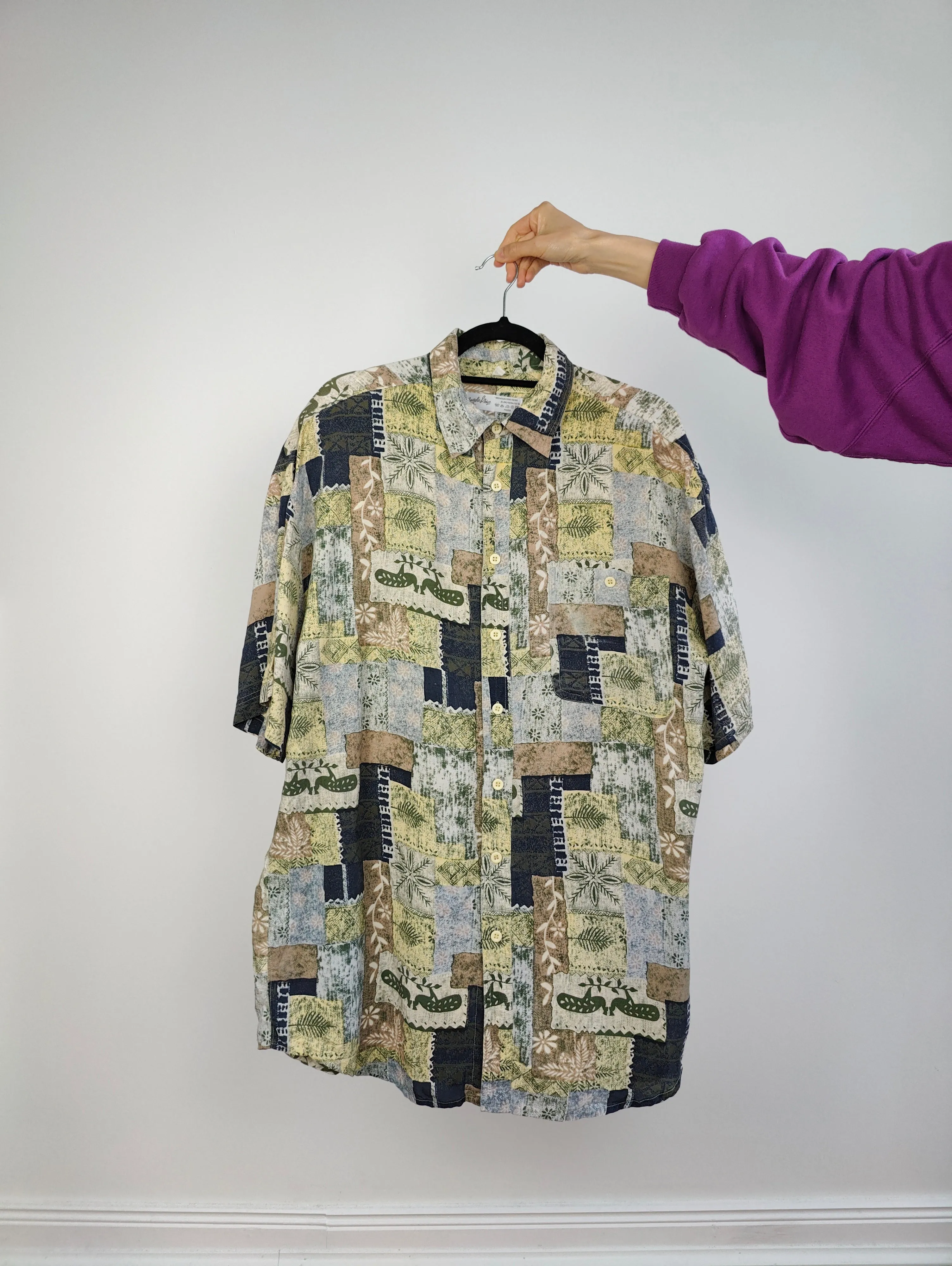 The Silk Beige Yellow Patch Pattern Shirt | Vintage 90s Angelo Litrico 100% silk short sleeve crazy print unisex men 41/42 L