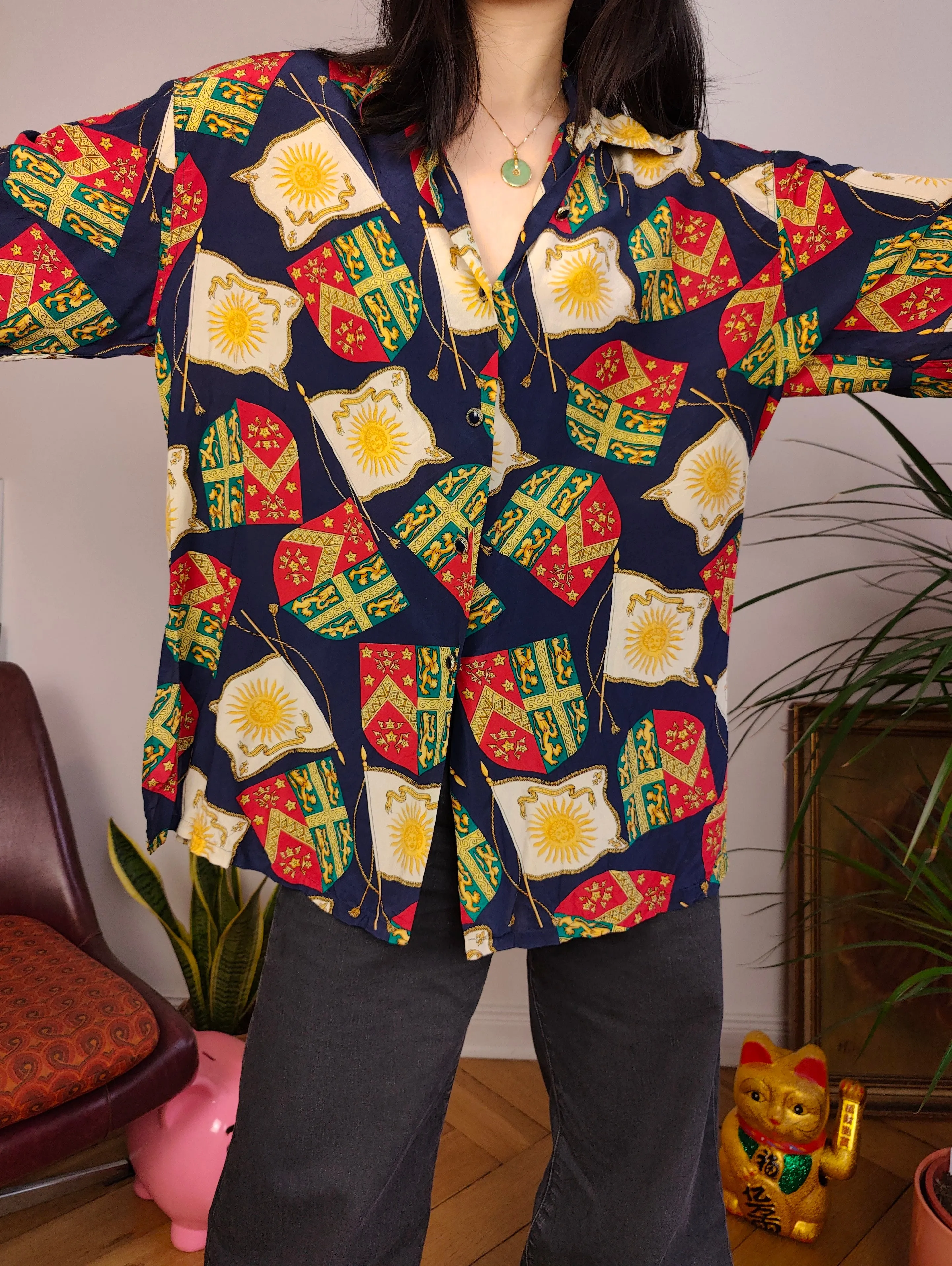 Vintage 100% silk blouse baroque print pattern blue red button up long sleeve women S-M