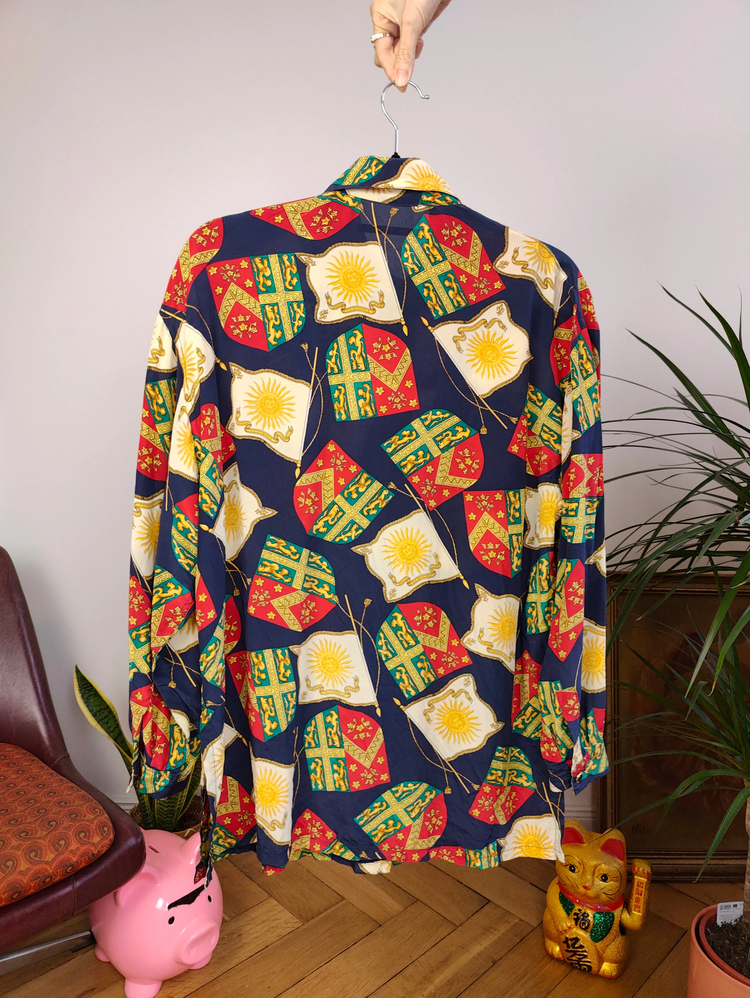 Vintage 100% silk blouse baroque print pattern blue red button up long sleeve women S-M