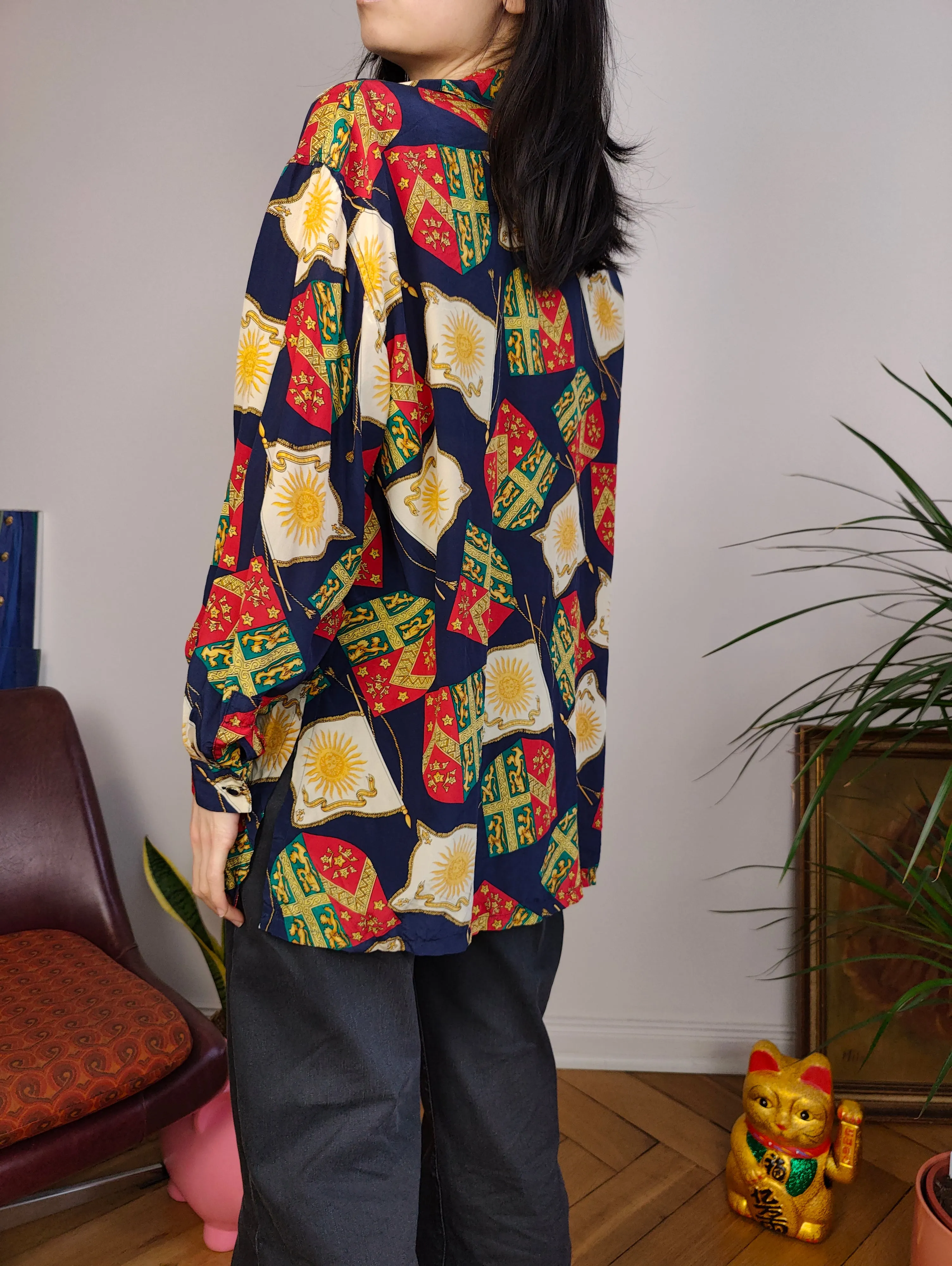 Vintage 100% silk blouse baroque print pattern blue red button up long sleeve women S-M