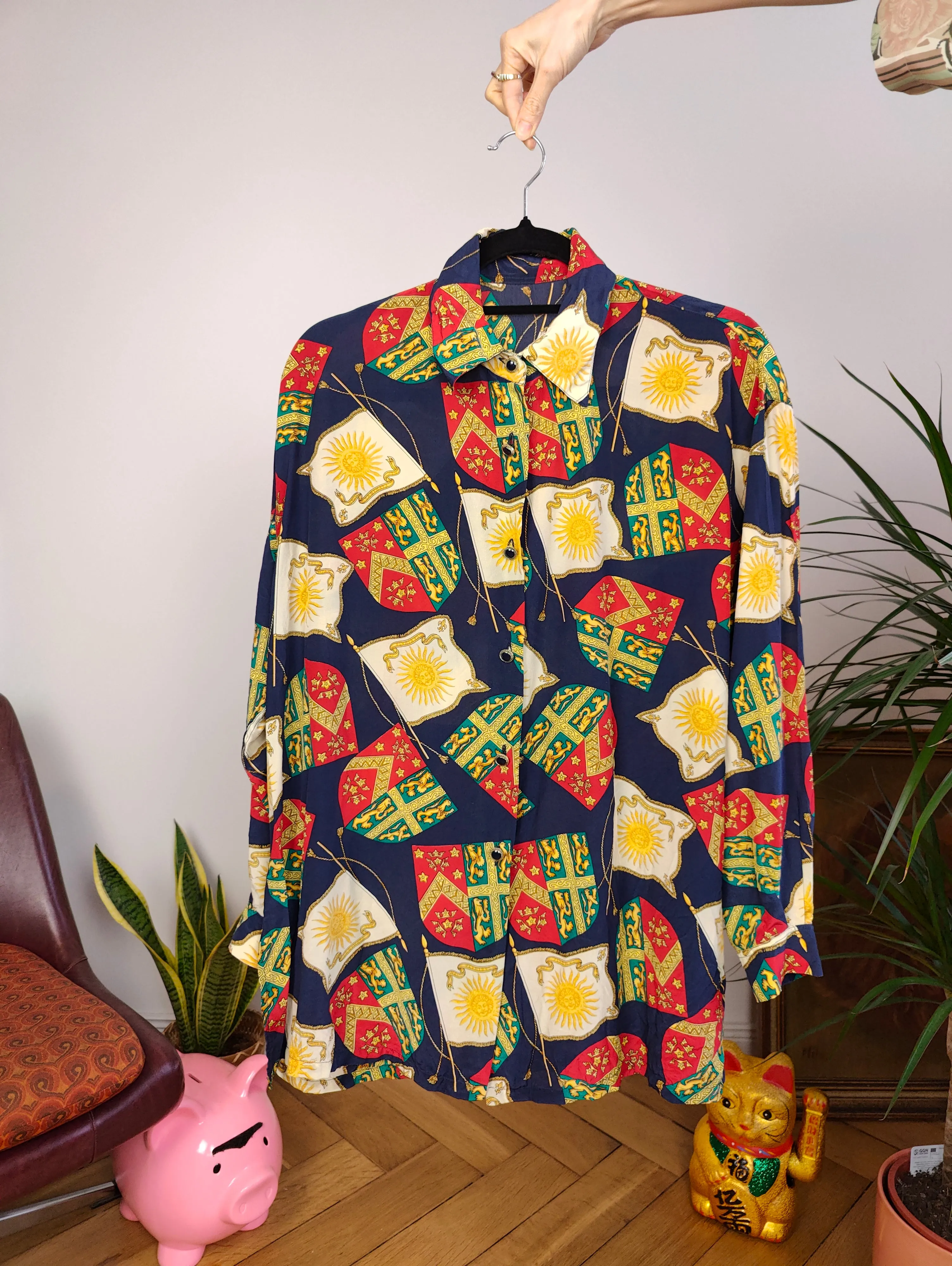 Vintage 100% silk blouse baroque print pattern blue red button up long sleeve women S-M