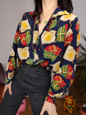 Vintage 100% silk blouse baroque print pattern blue red button up long sleeve women S-M