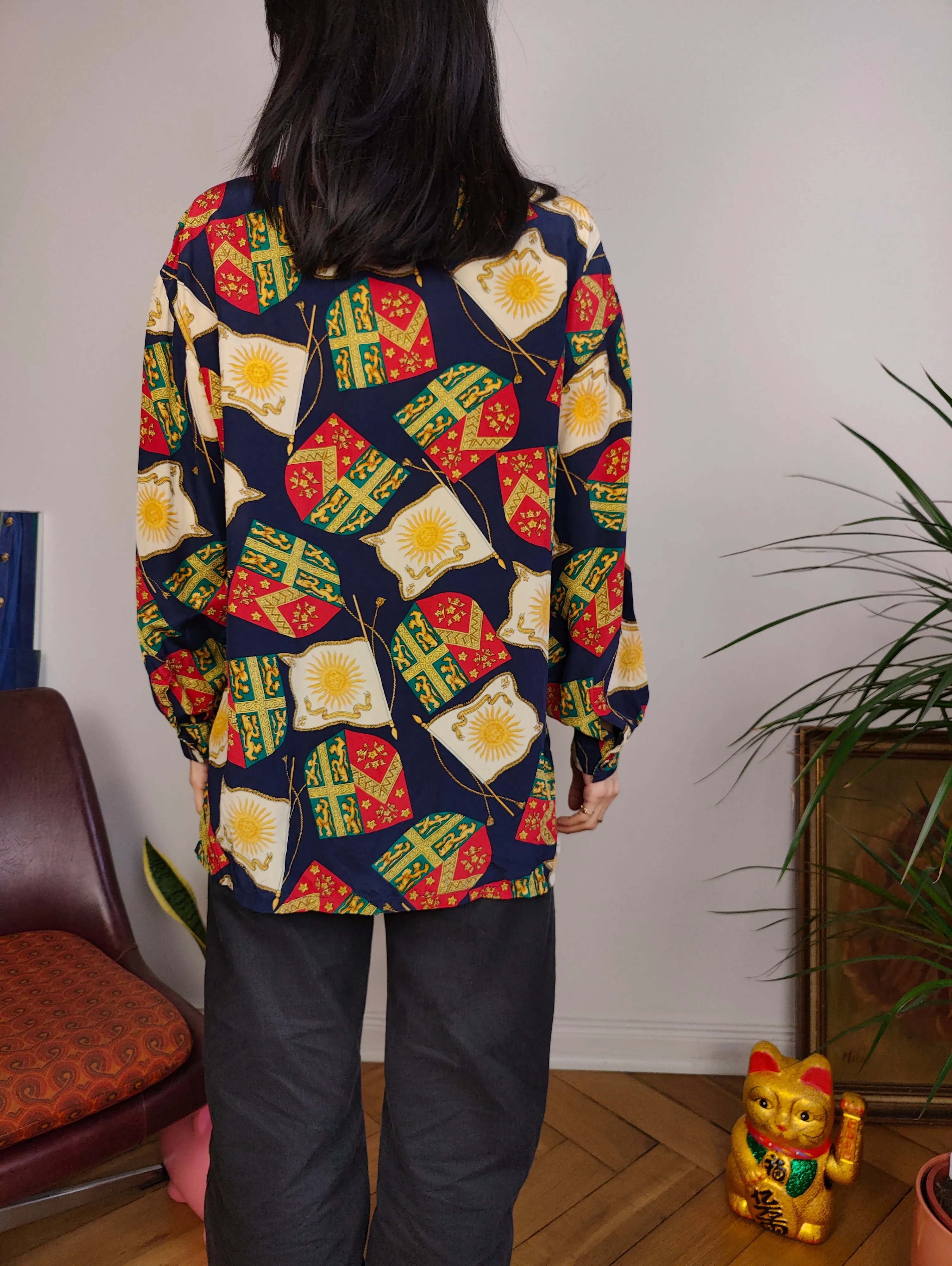 Vintage 100% silk blouse baroque print pattern blue red button up long sleeve women S-M