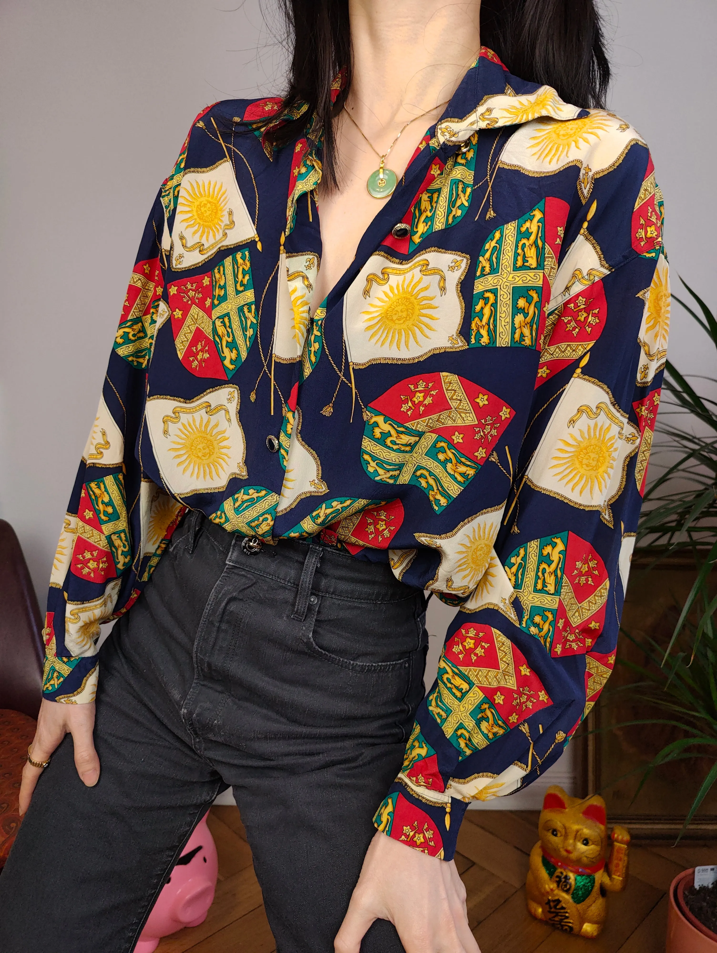 Vintage 100% silk blouse baroque print pattern blue red button up long sleeve women S-M