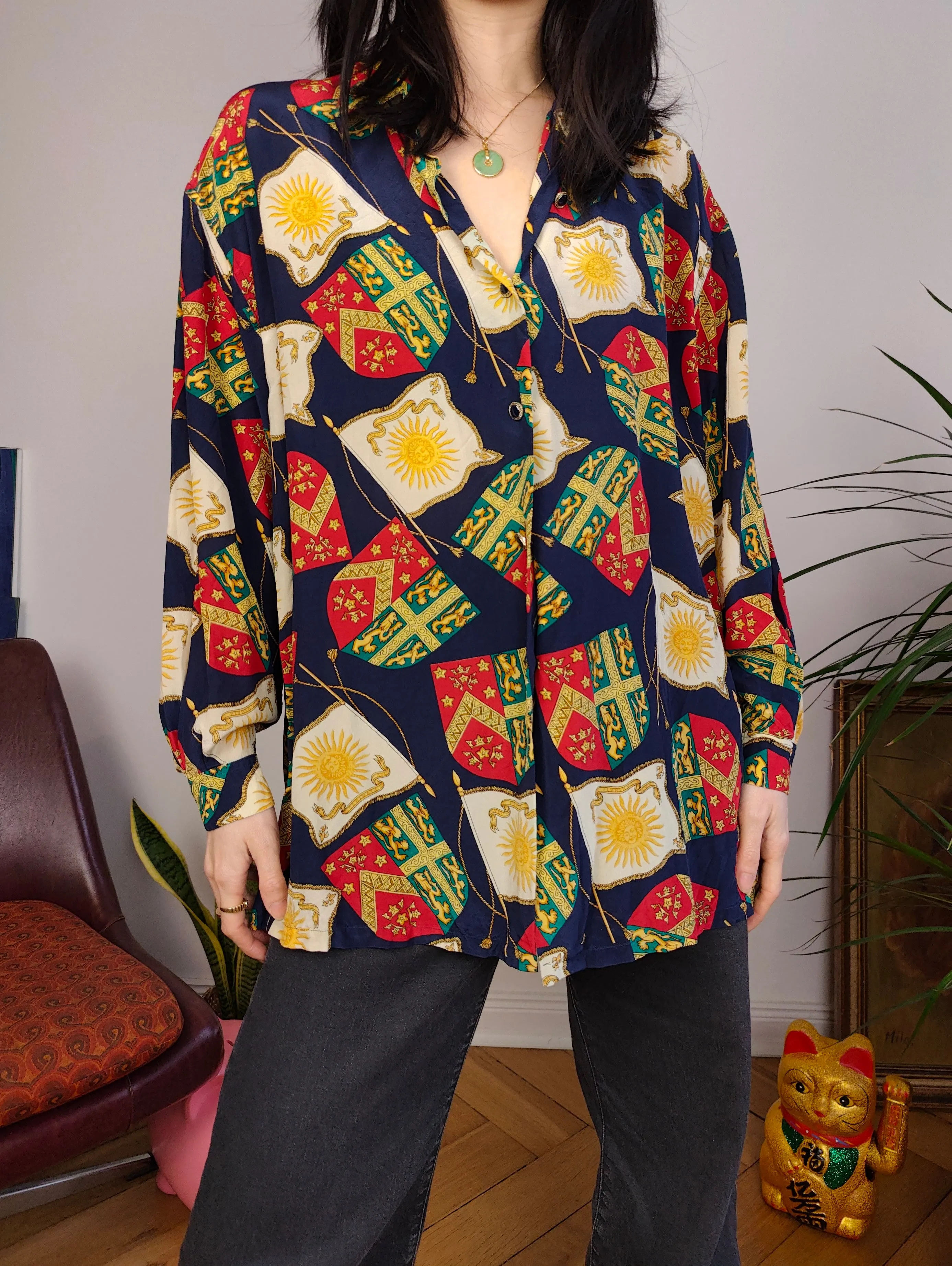 Vintage 100% silk blouse baroque print pattern blue red button up long sleeve women S-M