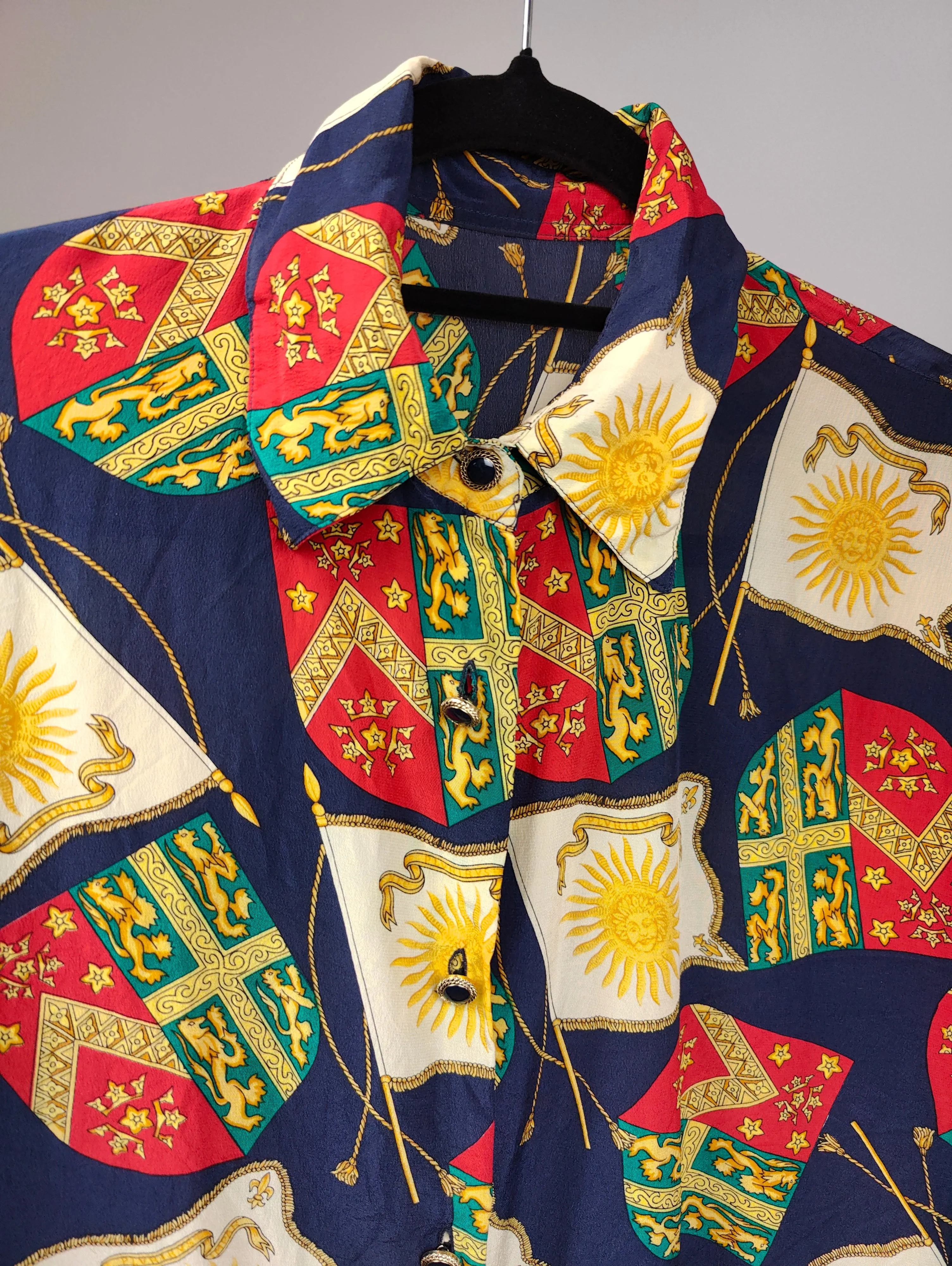 Vintage 100% silk blouse baroque print pattern blue red button up long sleeve women S-M
