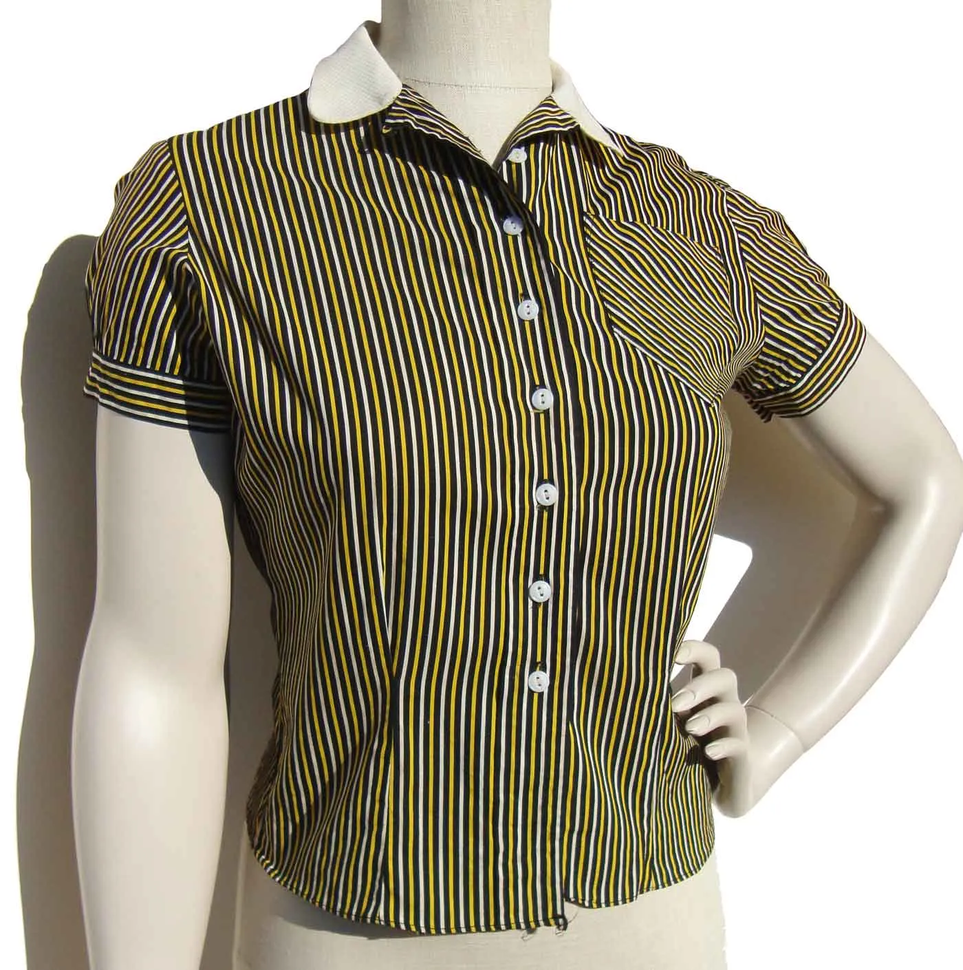 Vintage 50s 60s Blouse Yellow White Black Striped Shirt S