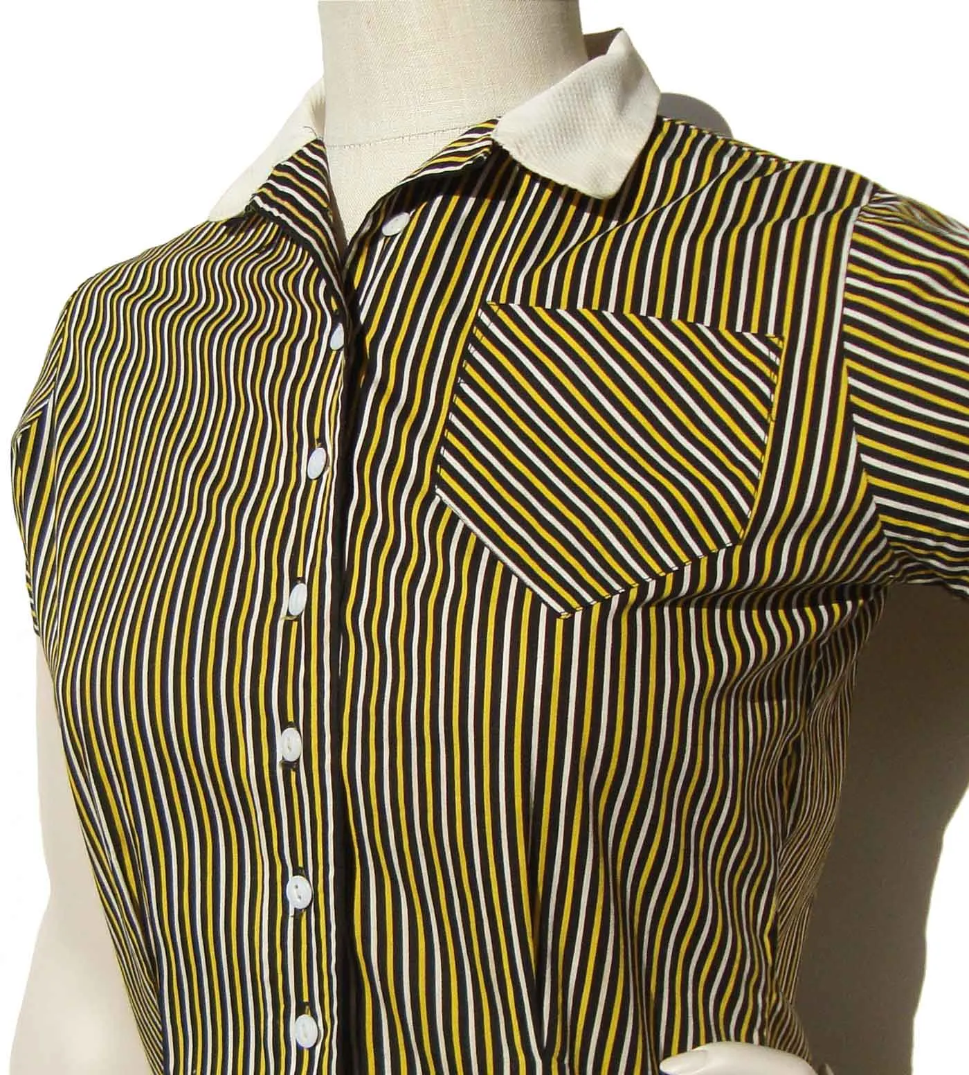 Vintage 50s 60s Blouse Yellow White Black Striped Shirt S