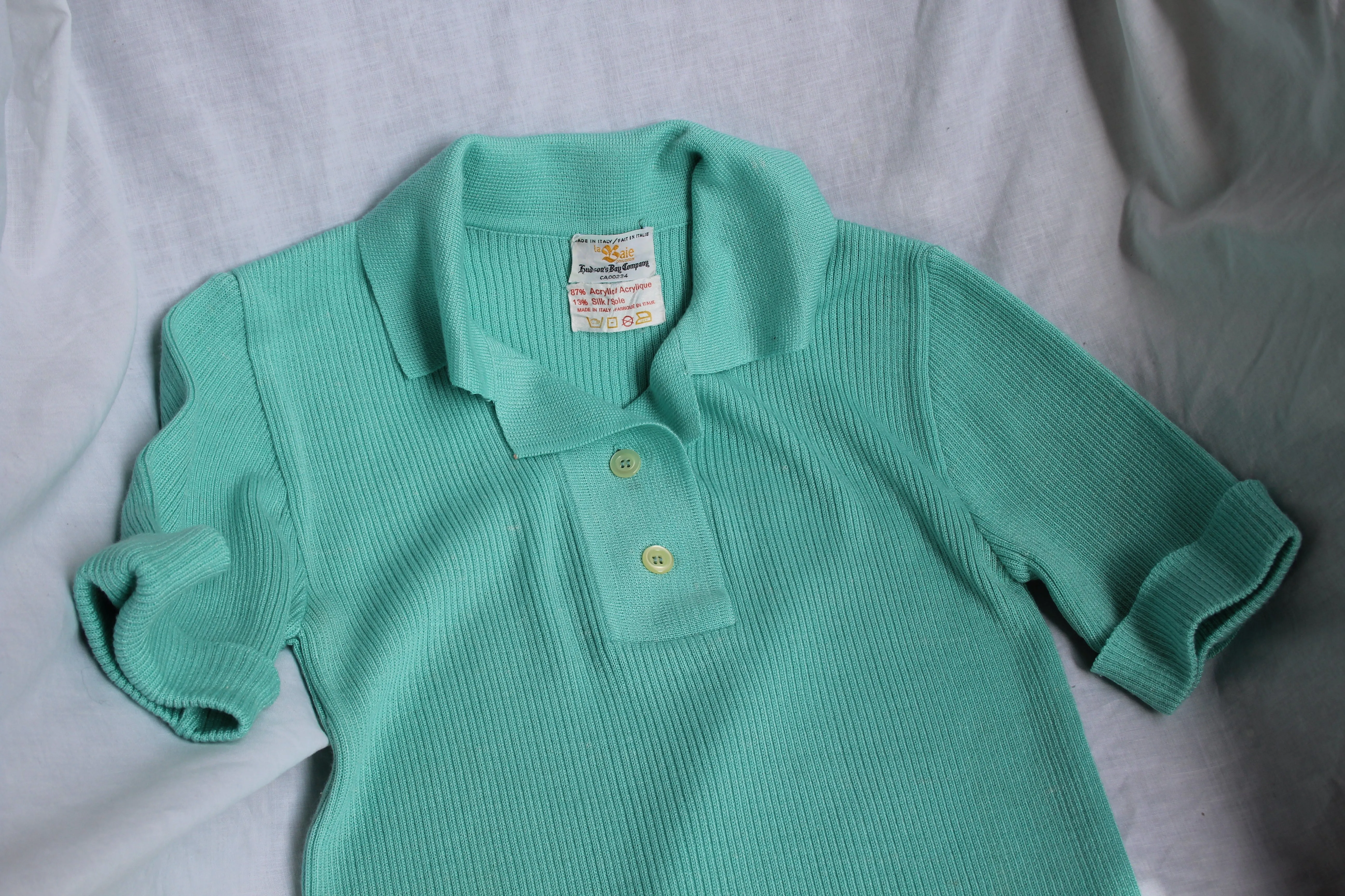 Vintage 70s/80s Aqua Ribbed Silk-Blend Polo - M