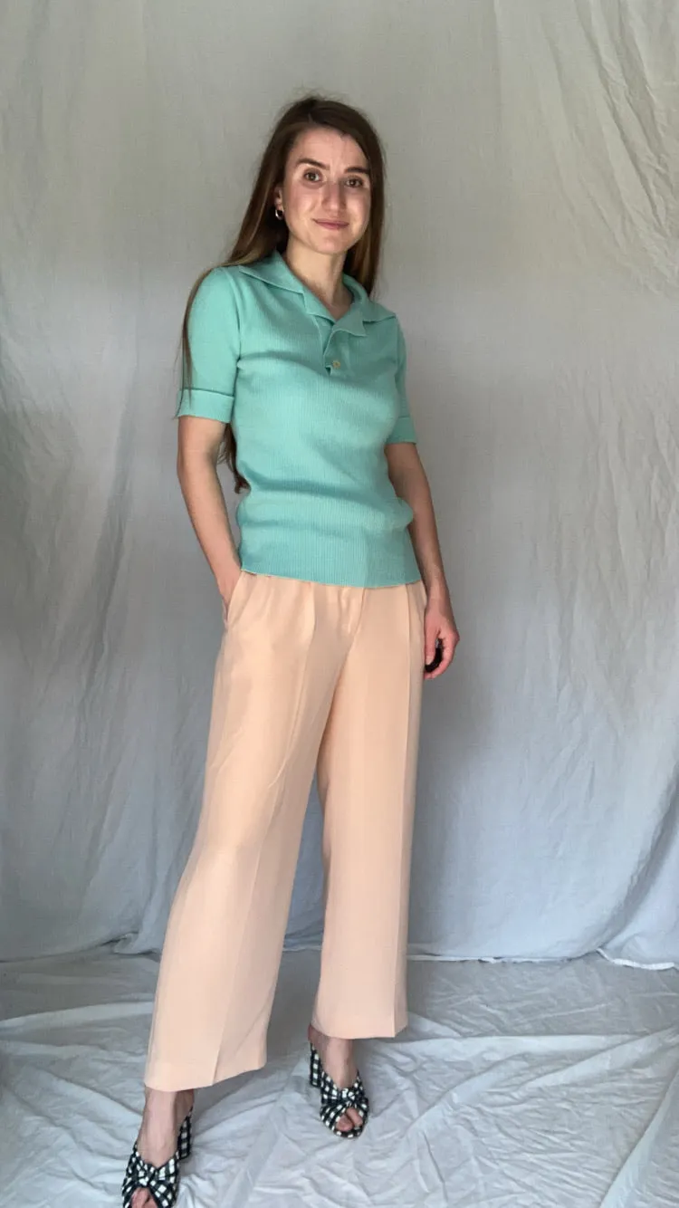 Vintage 70s/80s Aqua Ribbed Silk-Blend Polo - M