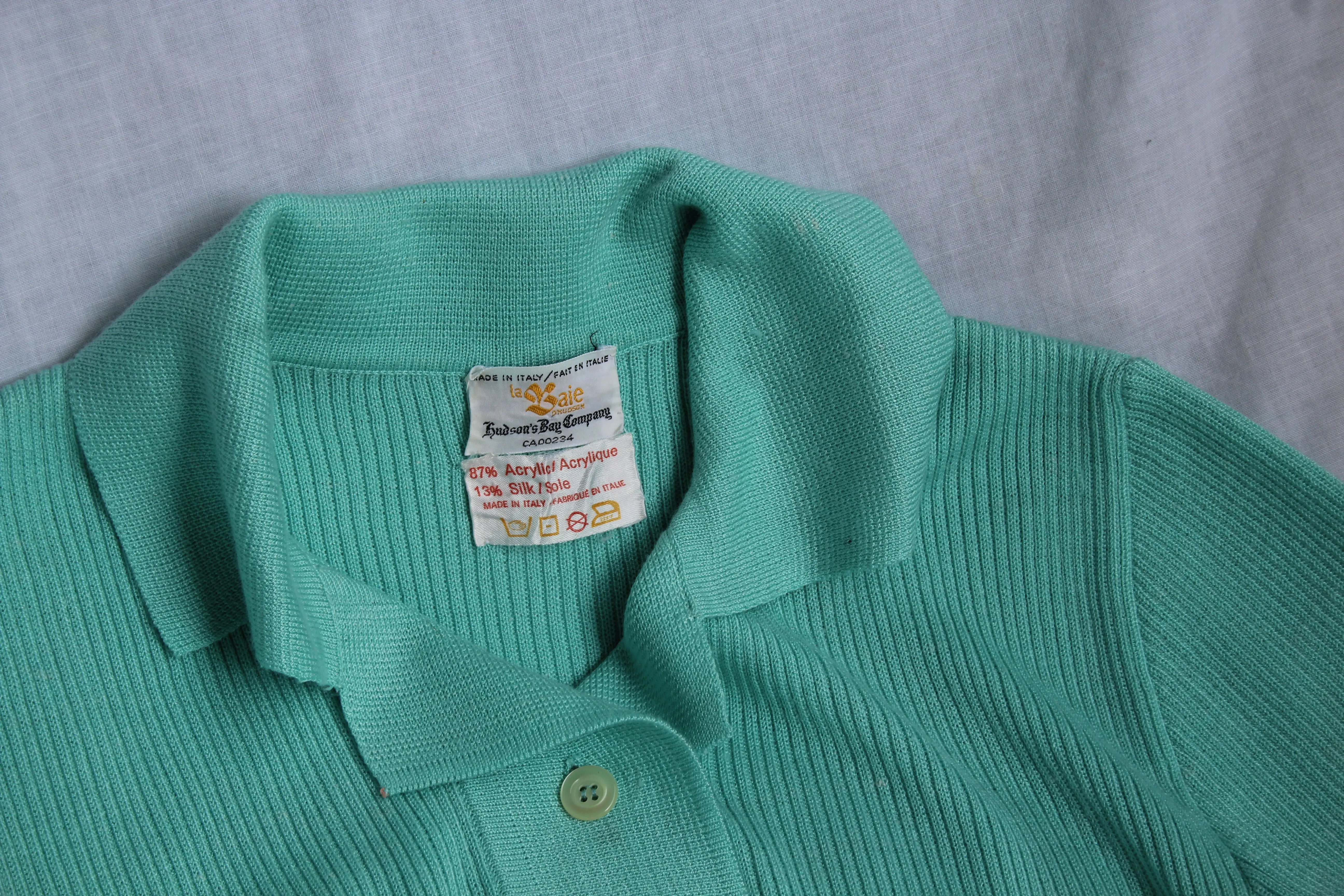 Vintage 70s/80s Aqua Ribbed Silk-Blend Polo - M
