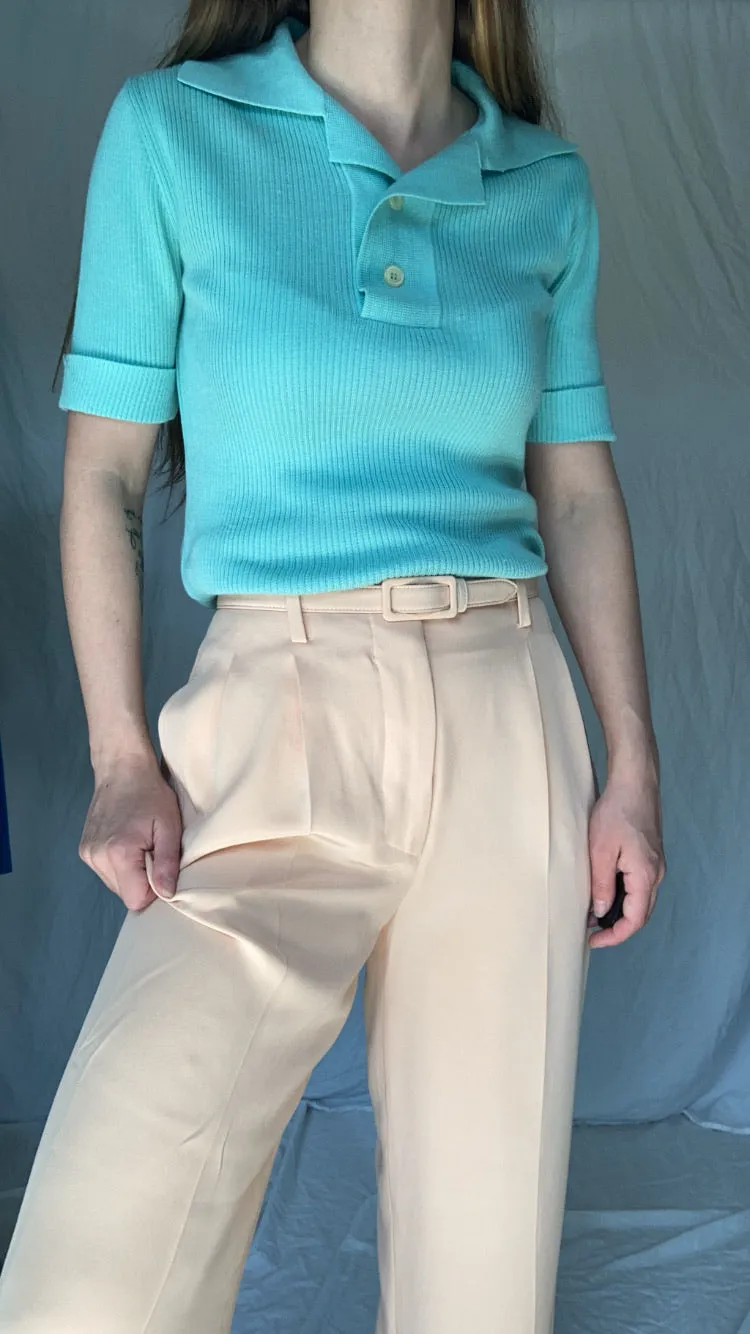 Vintage 70s/80s Aqua Ribbed Silk-Blend Polo - M