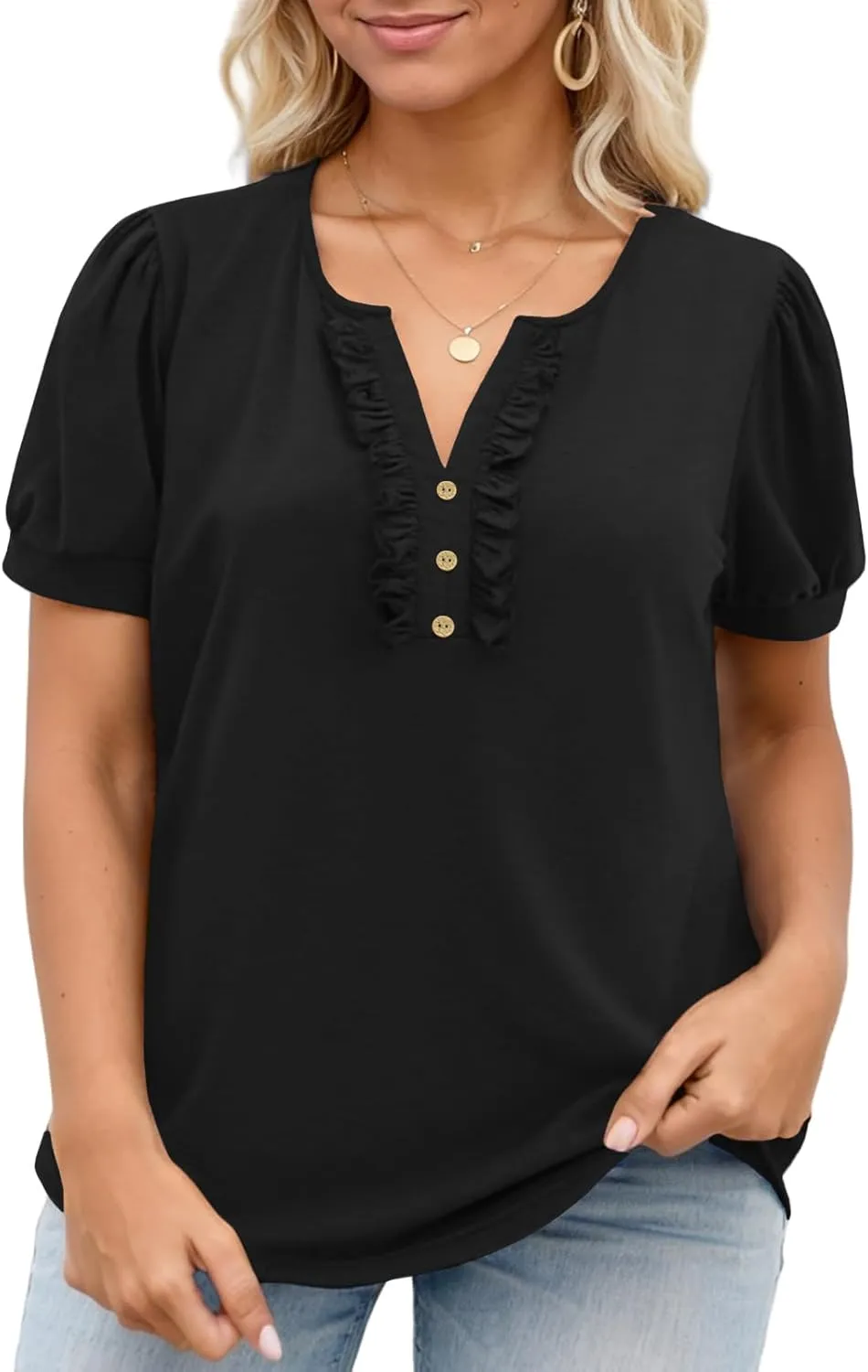 VISLILY Womens-Plus-Size-Summer-Tops Dressy Ruffle V Neck T Shirts Trendy Puff Short Sleeve Tunics Casual Buttons Up Blouses
