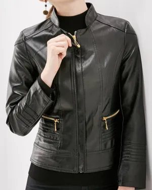 Women Long Sleeve Collar Neck Comfortable Stylish Zipper Closure Leather Jacket     WJK89118