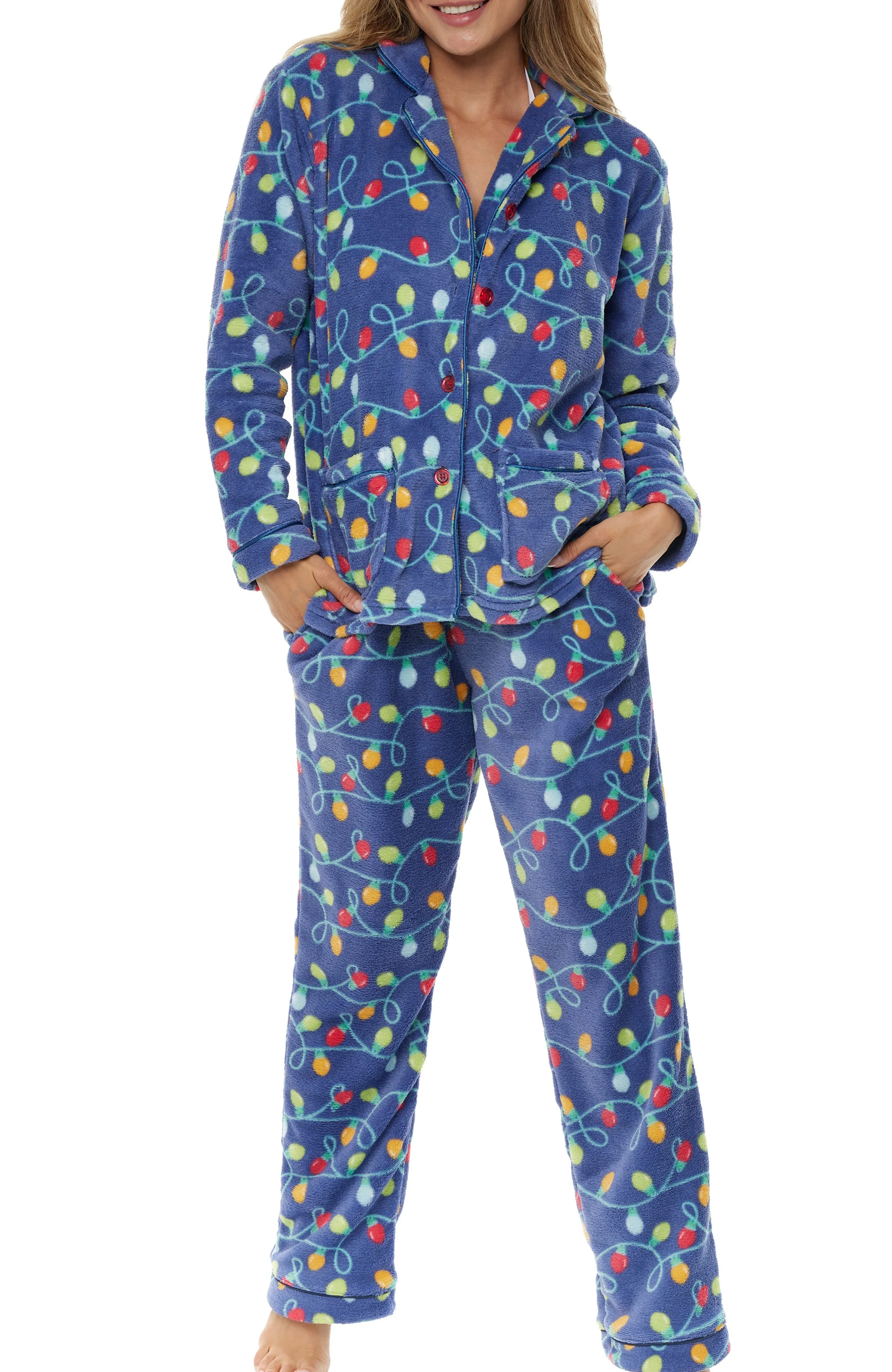 Women's Plush Fleece Pajamas Set, Button Down Winter PJ Set