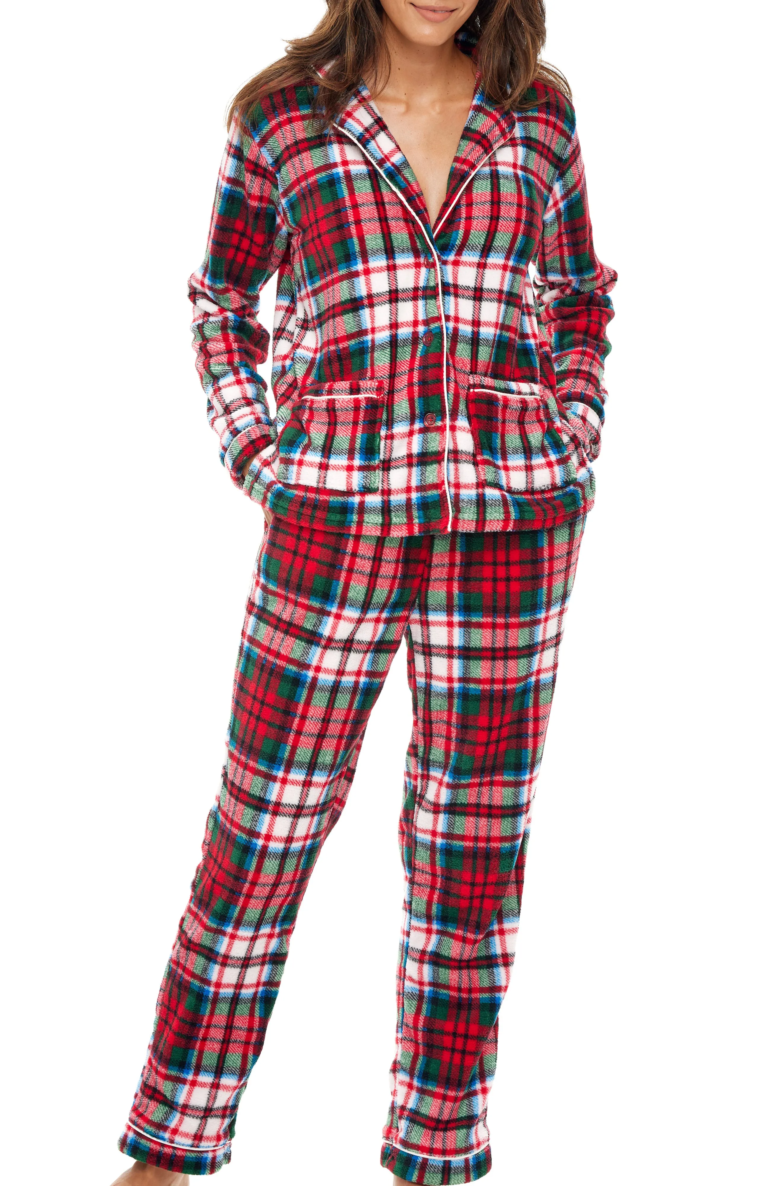Women's Plush Fleece Pajamas Set, Button Down Winter PJ Set