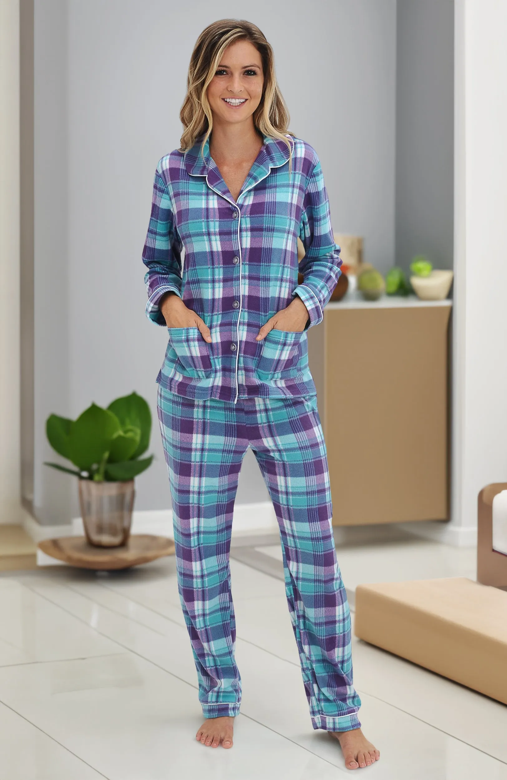 Women's Plush Fleece Pajamas Set, Button Down Winter PJ Set