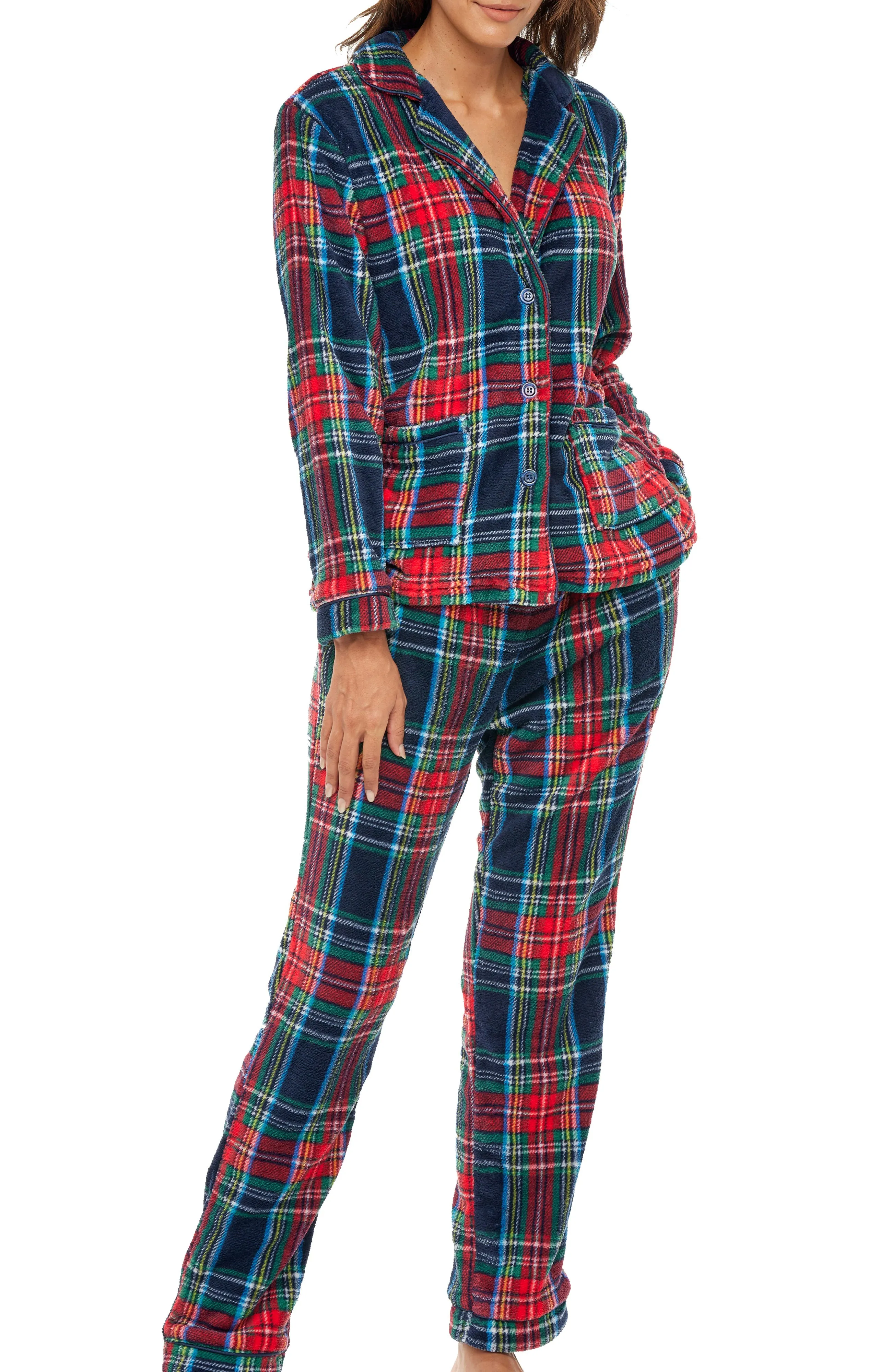 Women's Plush Fleece Pajamas Set, Button Down Winter PJ Set
