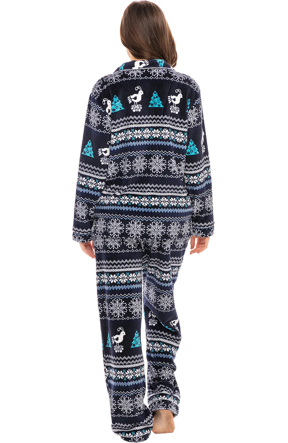 Women's Plush Fleece Pajamas Set, Button Down Winter PJ Set