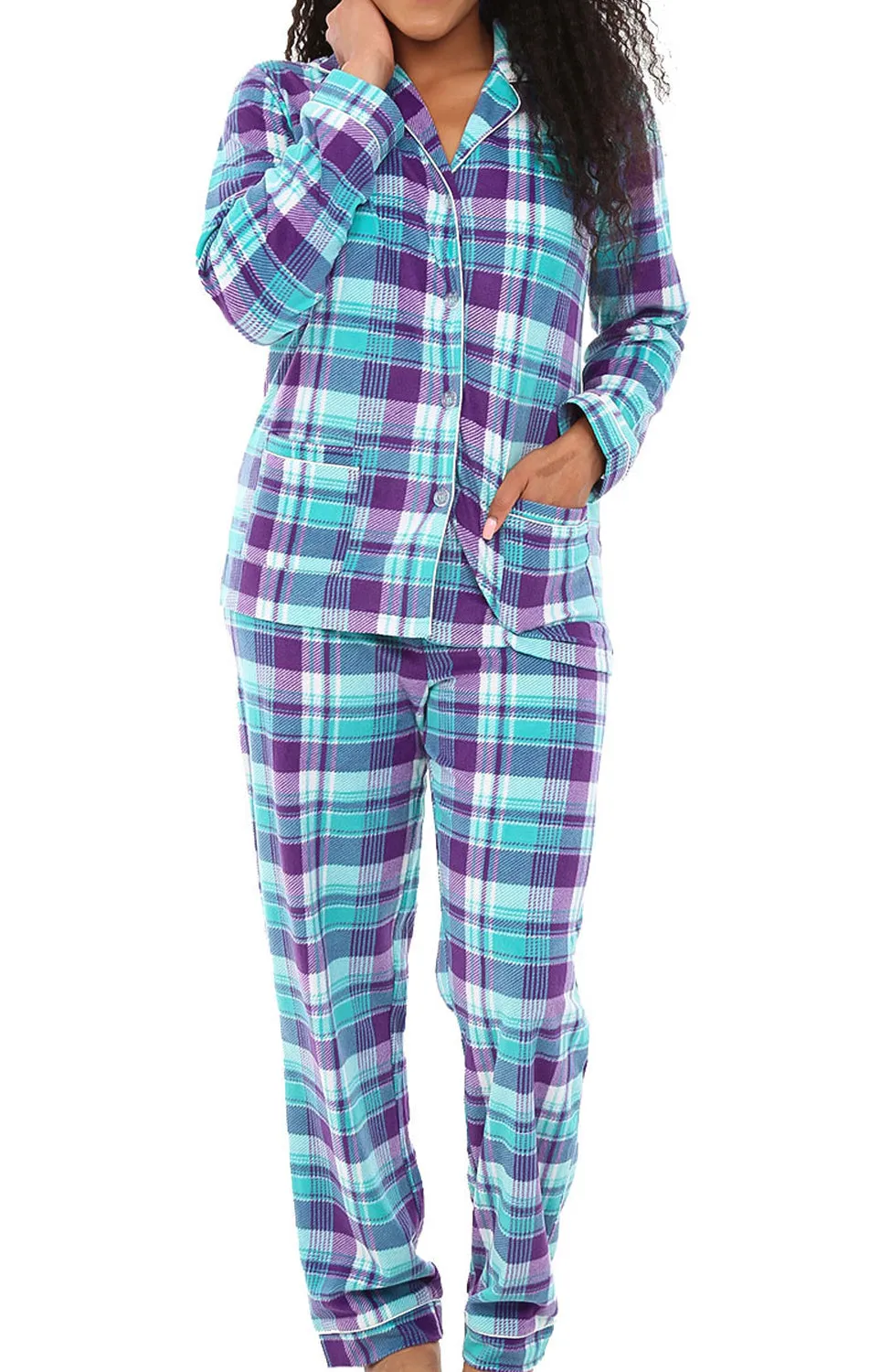 Women's Plush Fleece Pajamas Set, Button Down Winter PJ Set