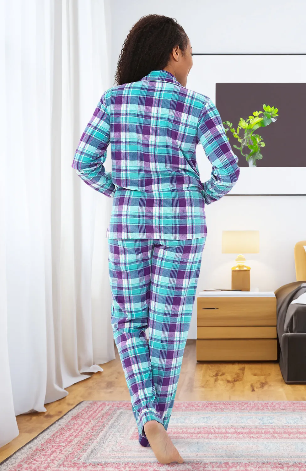 Women's Plush Fleece Pajamas Set, Button Down Winter PJ Set