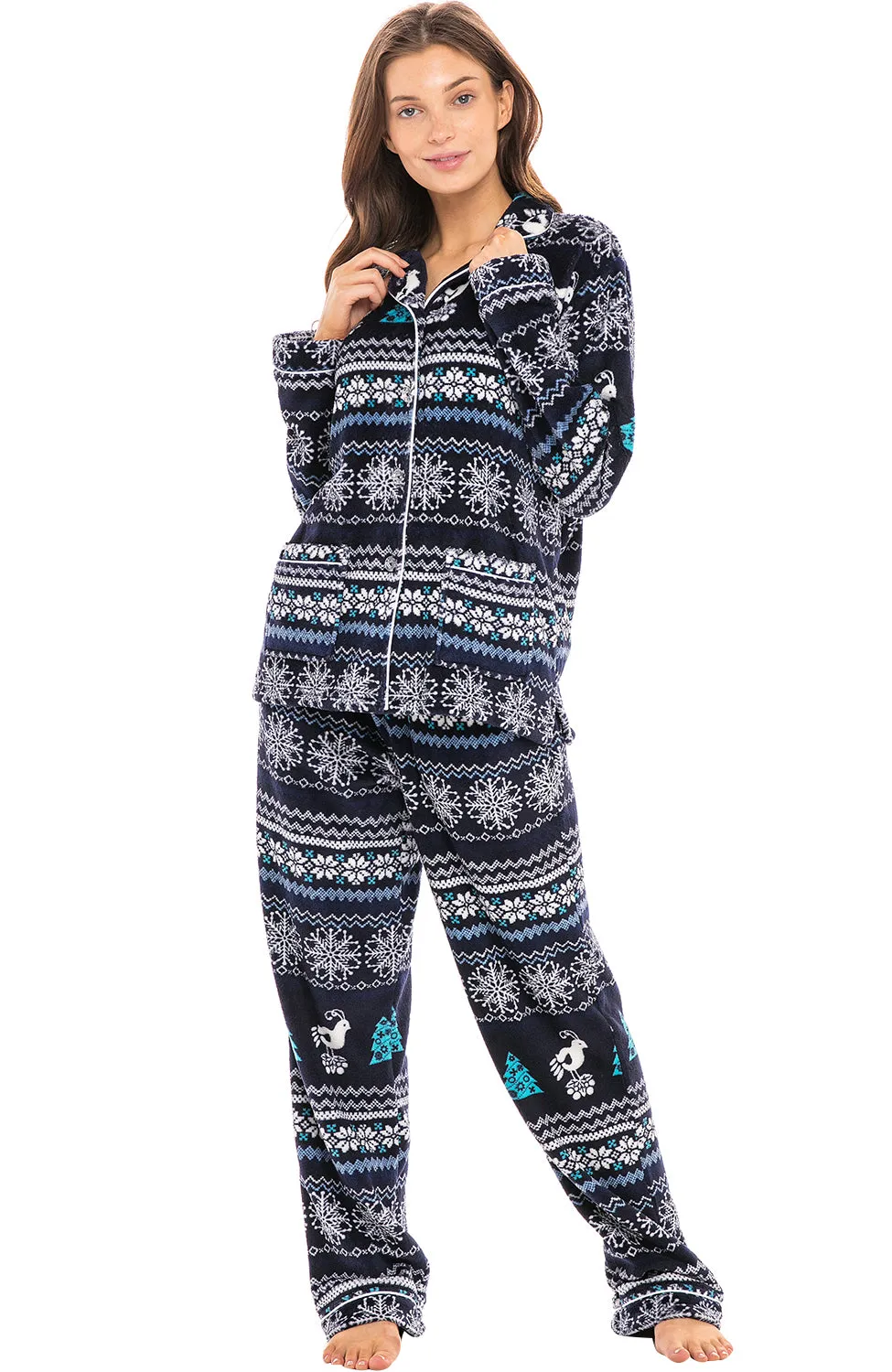 Women's Plush Fleece Pajamas Set, Button Down Winter PJ Set