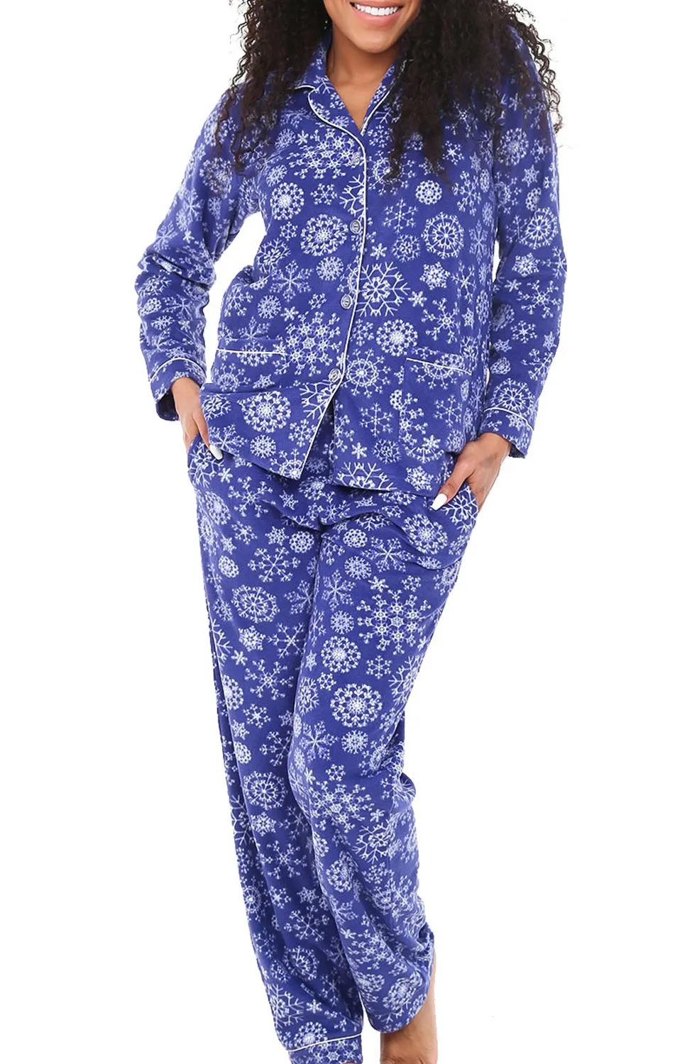 Women's Plush Fleece Pajamas Set, Button Down Winter PJ Set