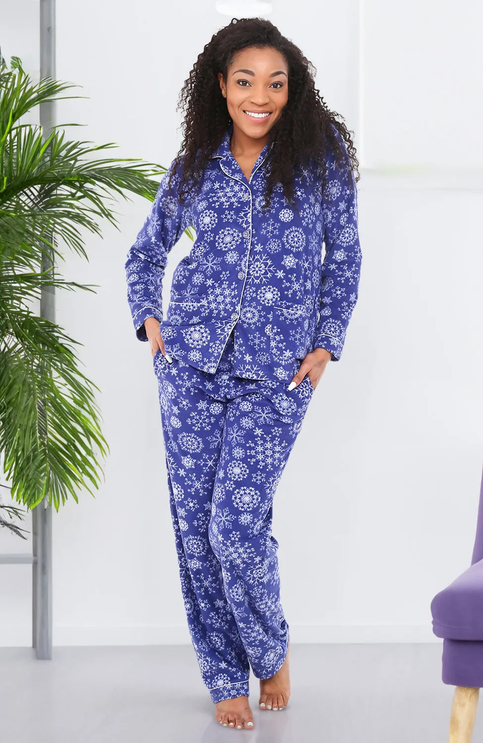 Women's Plush Fleece Pajamas Set, Button Down Winter PJ Set