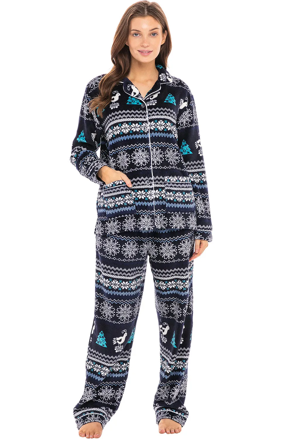 Women's Plush Fleece Pajamas Set, Button Down Winter PJ Set