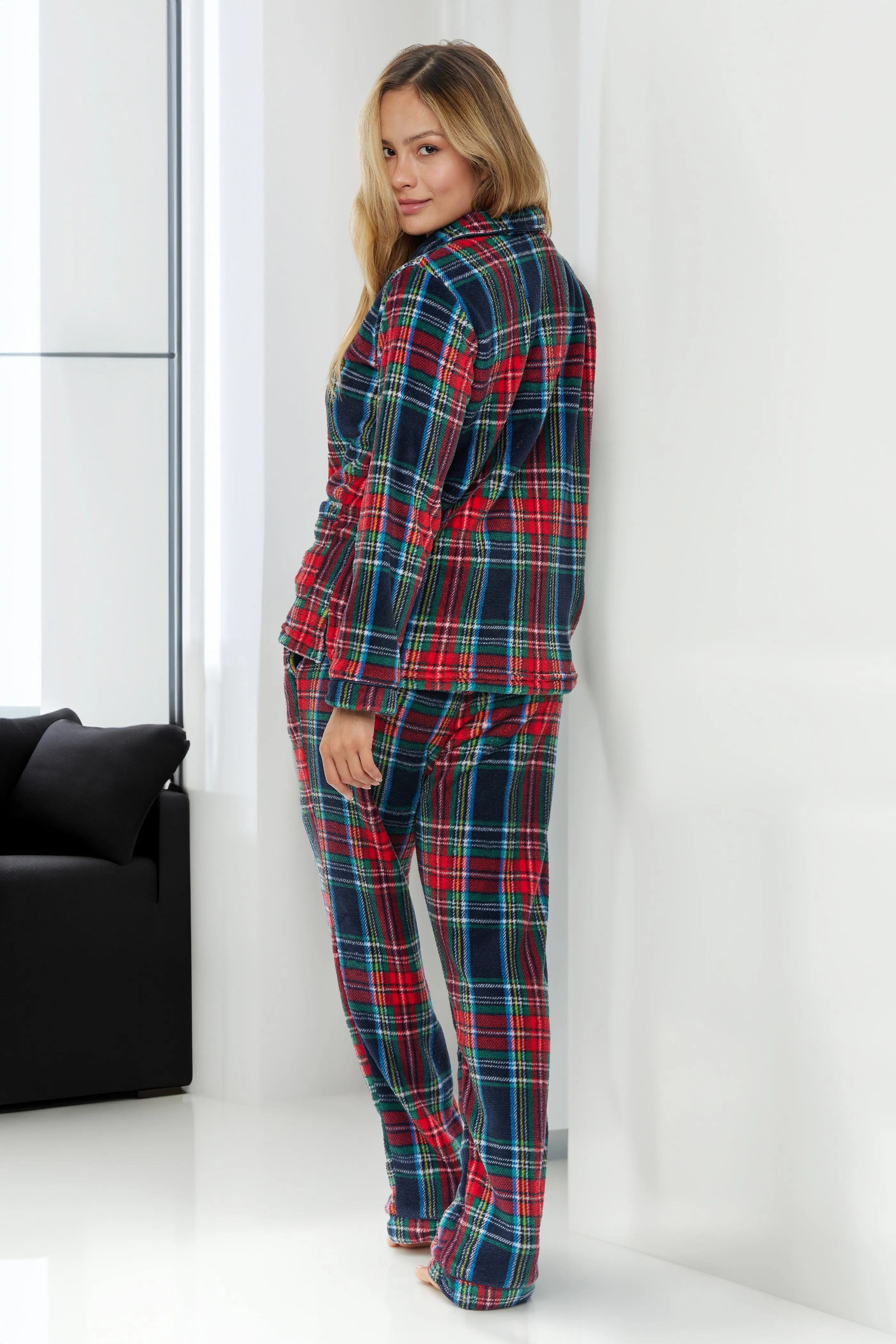 Women's Plush Fleece Pajamas Set, Button Down Winter PJ Set