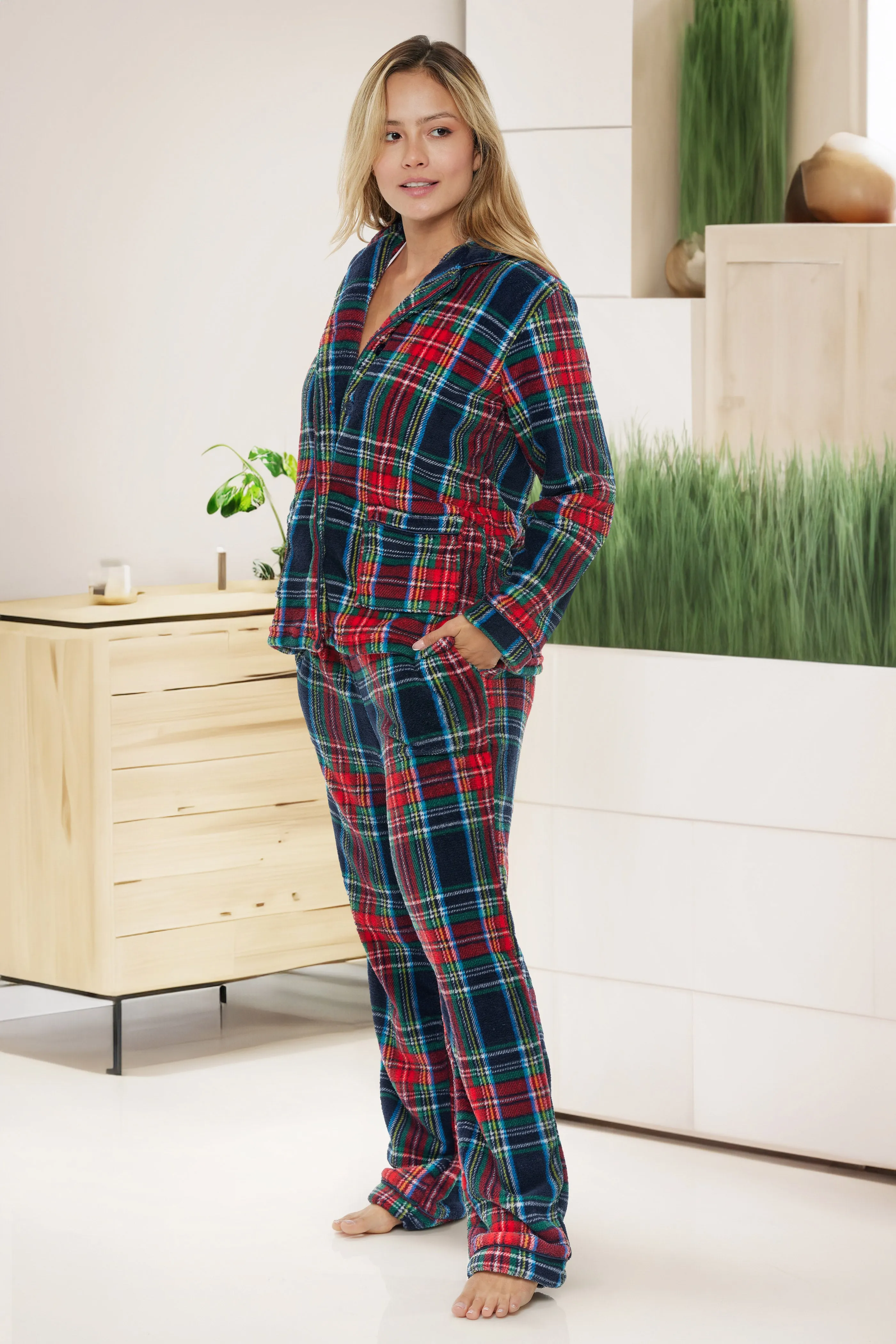 Women's Plush Fleece Pajamas Set, Button Down Winter PJ Set