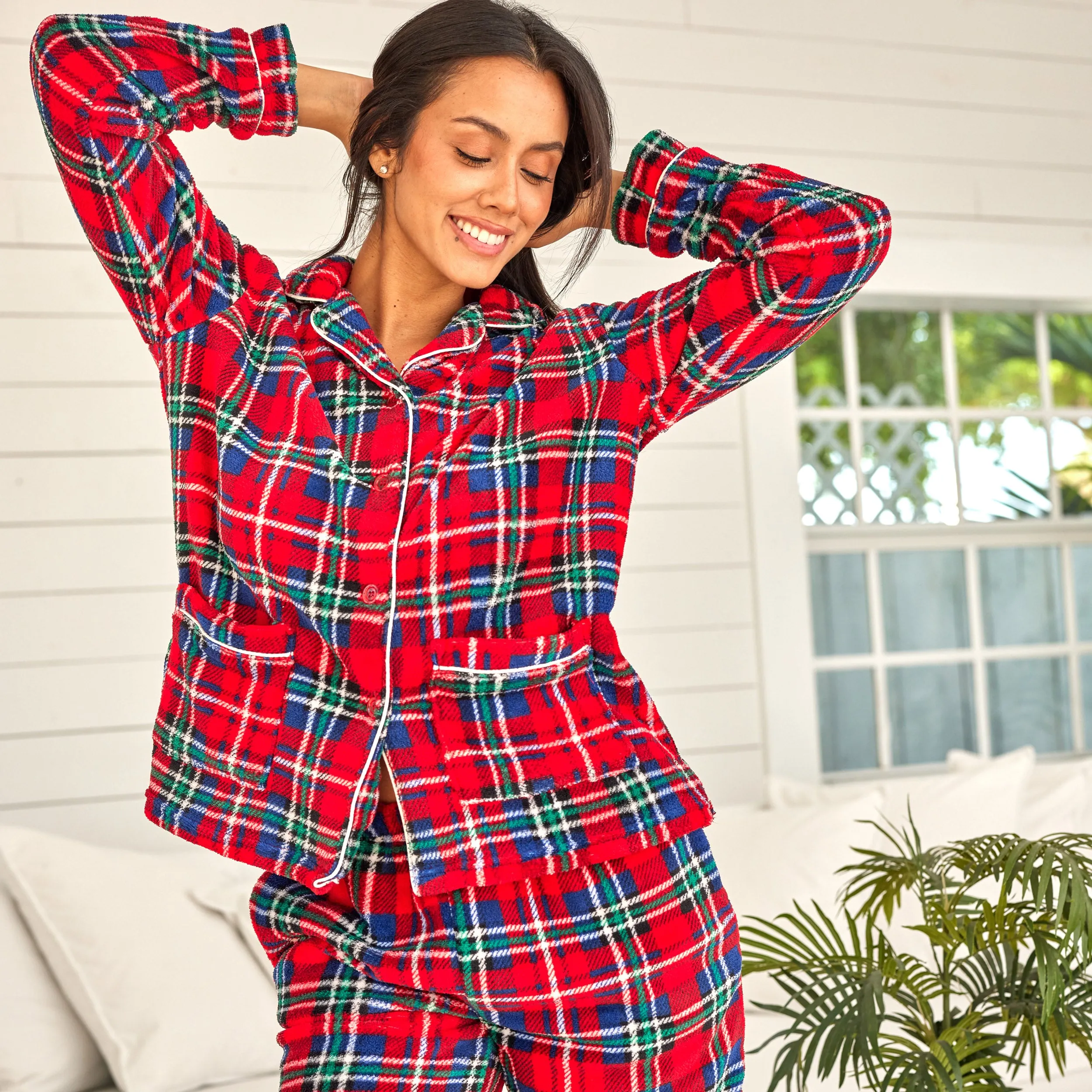 Women's Plush Fleece Pajamas Set, Button Down Winter PJ Set