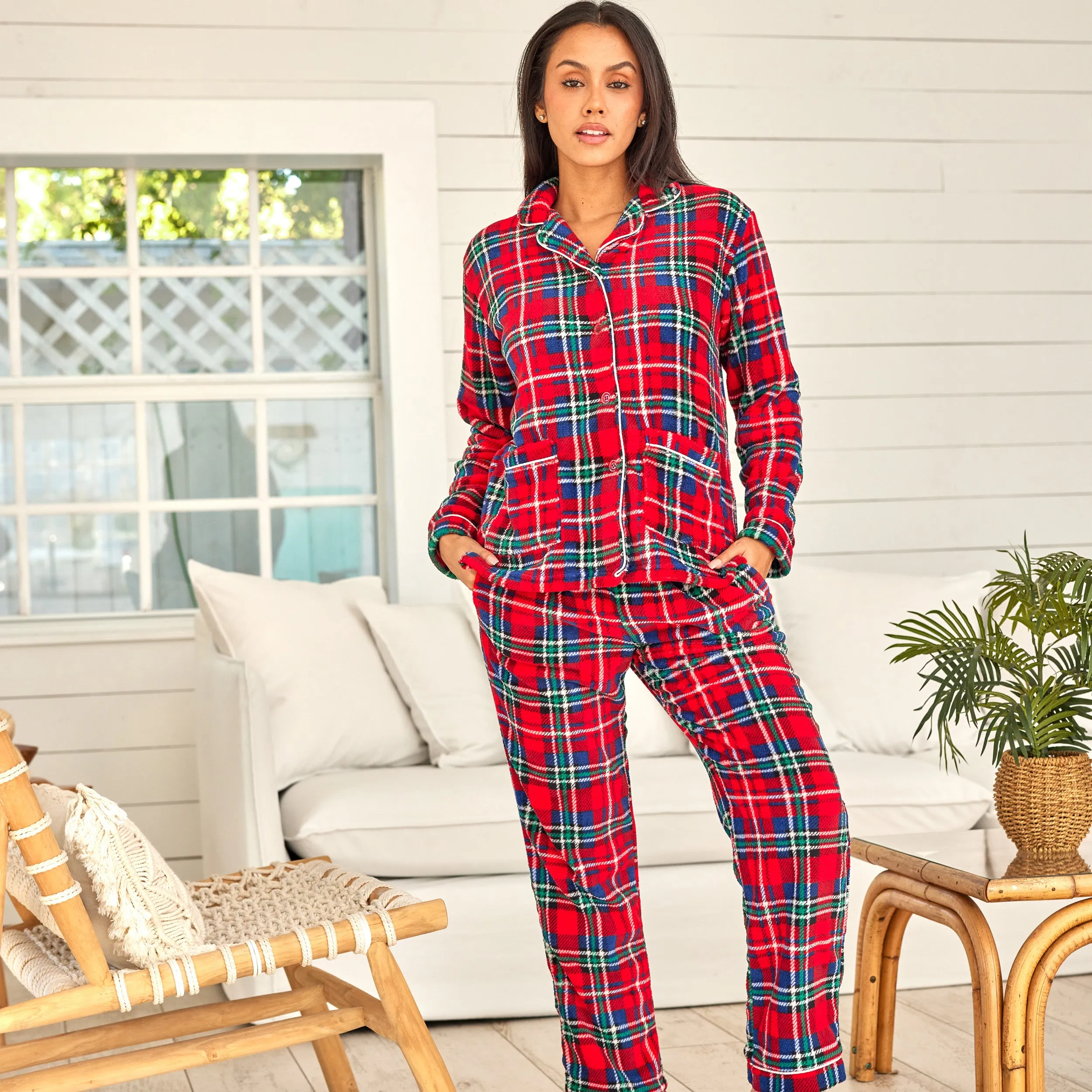 Women's Plush Fleece Pajamas Set, Button Down Winter PJ Set