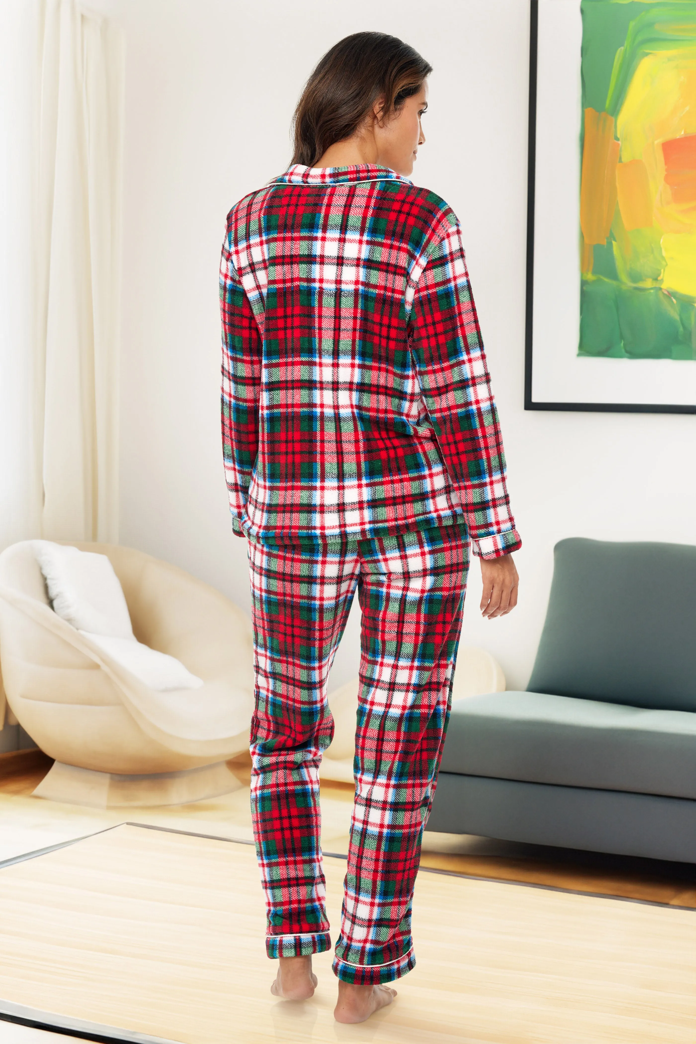 Women's Plush Fleece Pajamas Set, Button Down Winter PJ Set