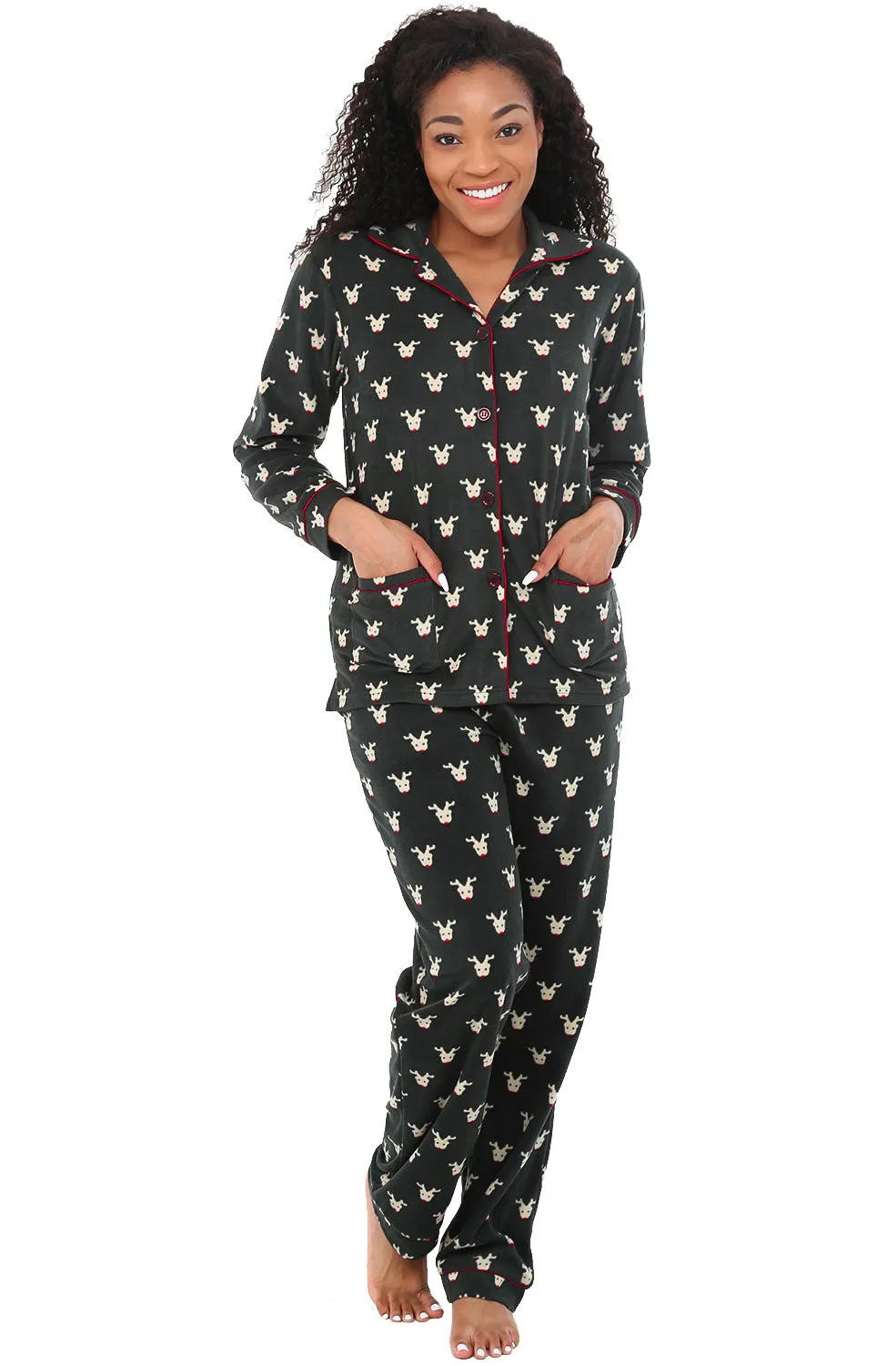 Women's Plush Fleece Pajamas Set, Button Down Winter PJ Set