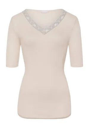 Woolen Lace Lace Trim V-Neck Wool And Silk Top | Pumice 70972-2801