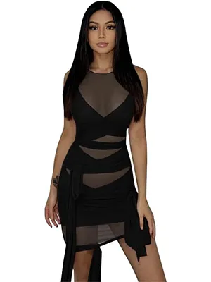ZAFUL Women's Tulle Mesh Wrap Tie One-piece Bandage Club Dress