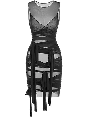 ZAFUL Women's Tulle Mesh Wrap Tie One-piece Bandage Club Dress